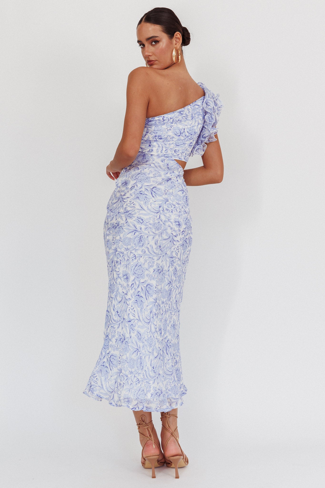 Deanna One-Shoulder Ruffle Midi Dress Floral Blue-Maymioy