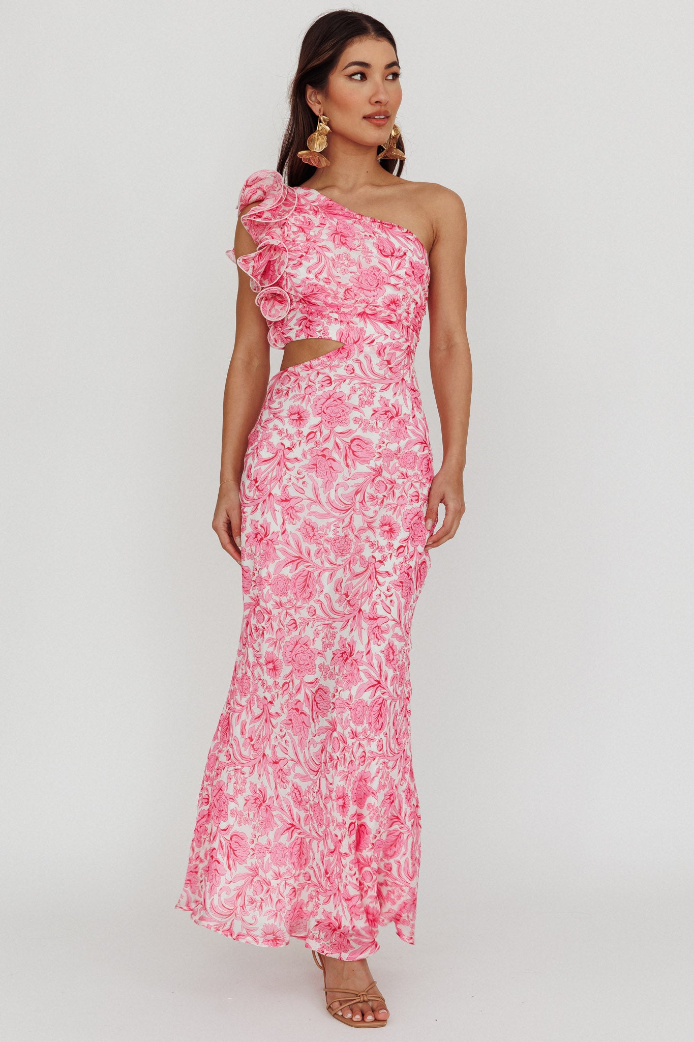 Deanna One-Shoulder Ruffle Midi Dress Floral Pink-Maymioy