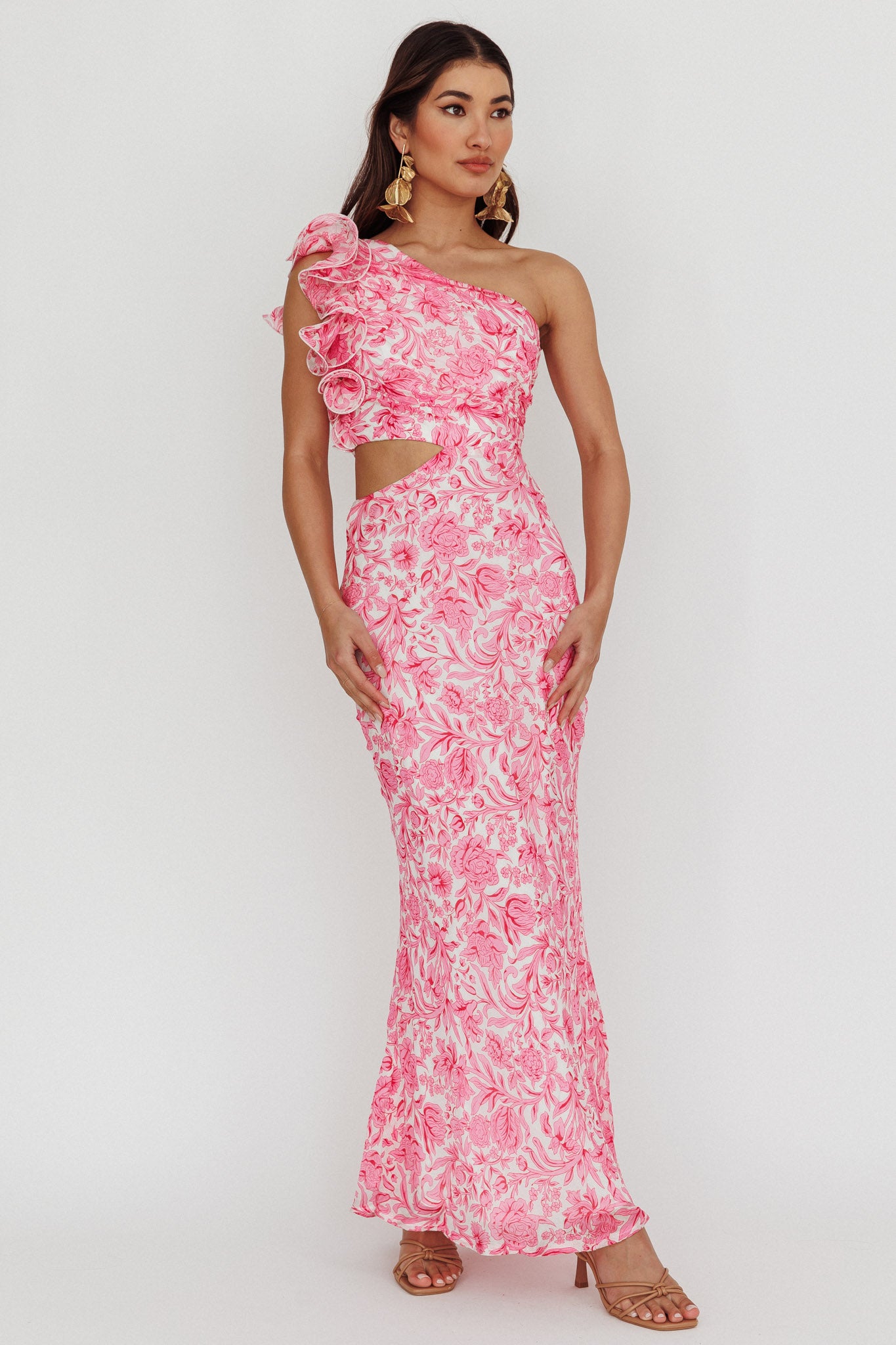 Deanna One-Shoulder Ruffle Midi Dress Floral Pink-Maymioy