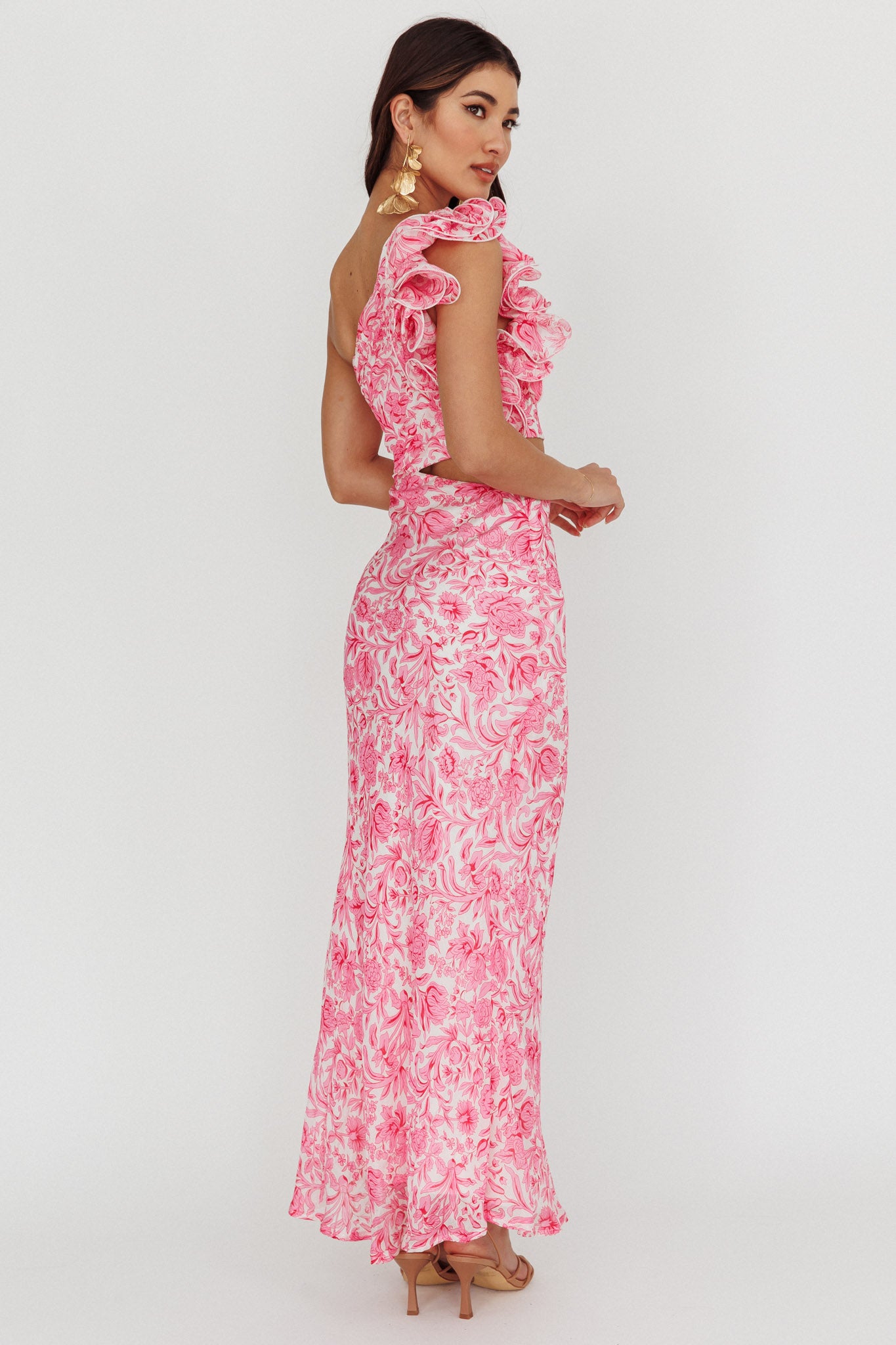 Deanna One-Shoulder Ruffle Midi Dress Floral Pink-Maymioy