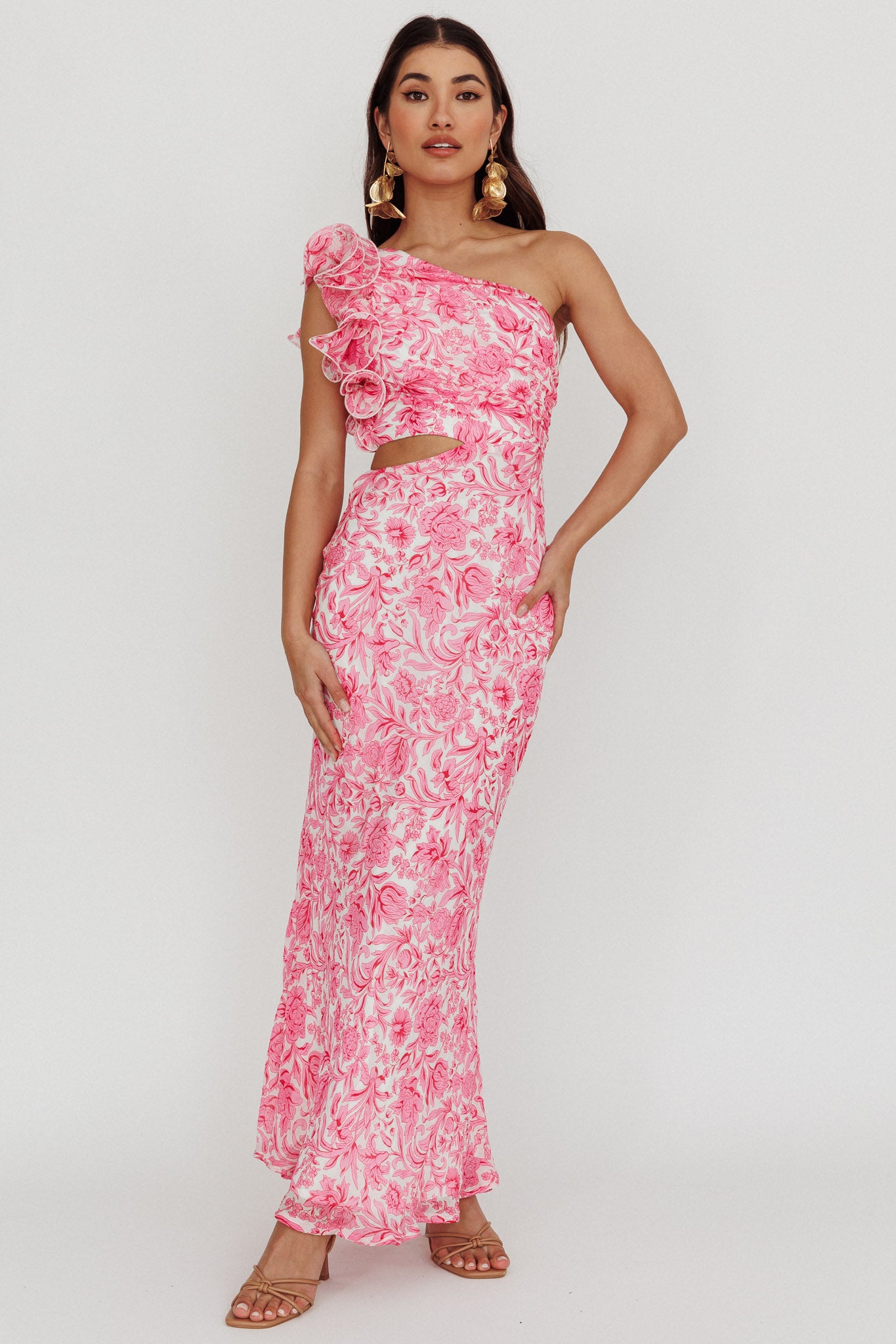 Deanna One-Shoulder Ruffle Midi Dress Floral Pink-Maymioy