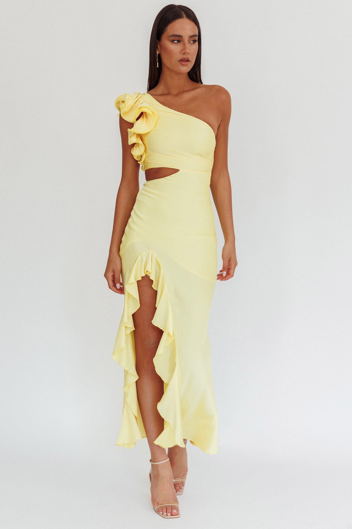 Deanna One-Shoulder Split Maxi Dress Yellow-Maymioy