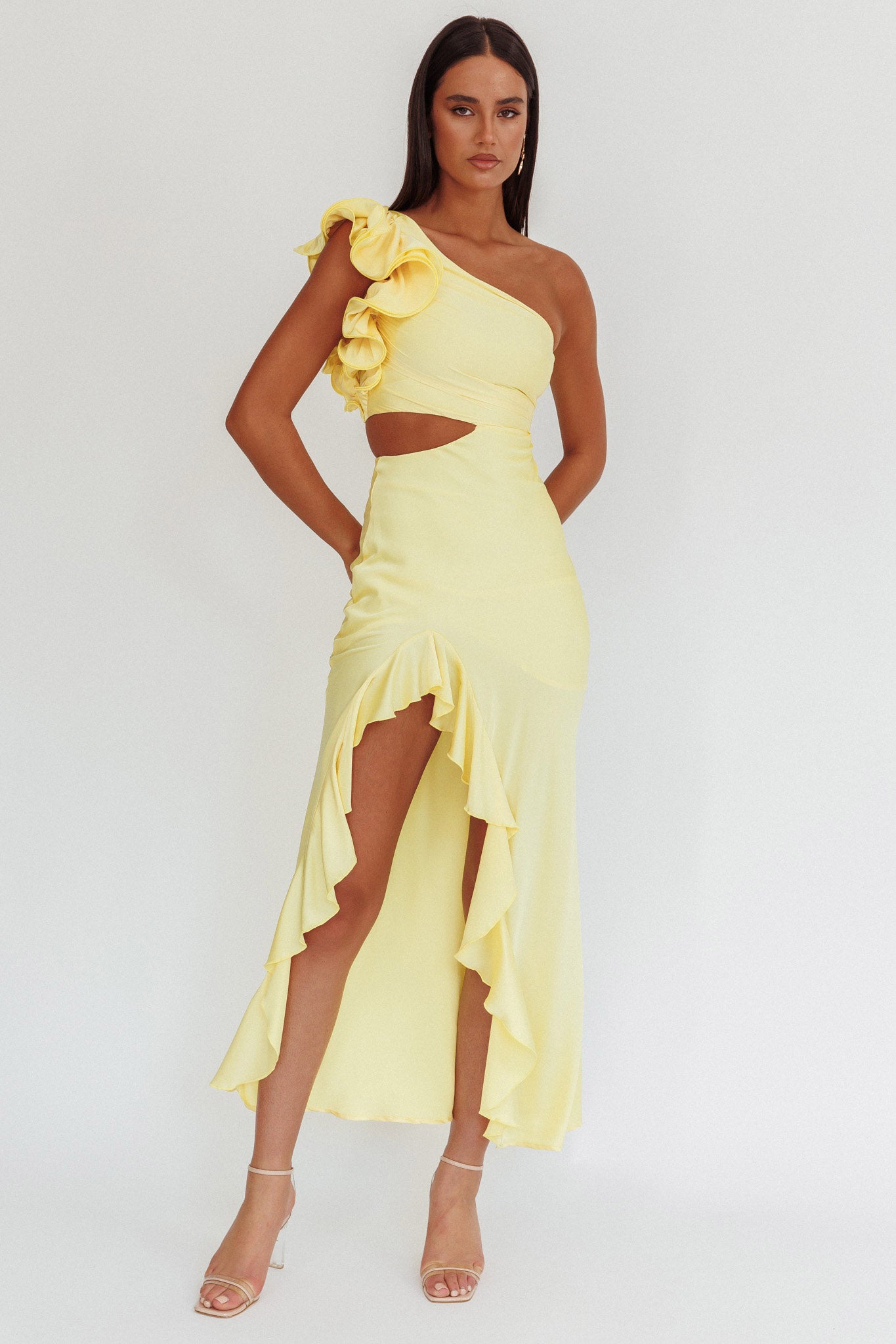 Deanna One-Shoulder Split Maxi Dress Yellow-Maymioy