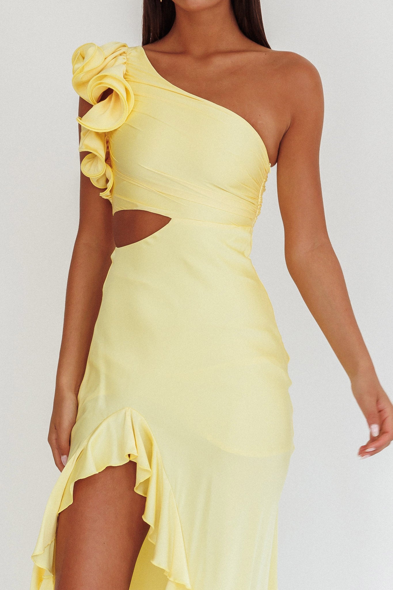 Deanna One-Shoulder Split Maxi Dress Yellow-Maymioy