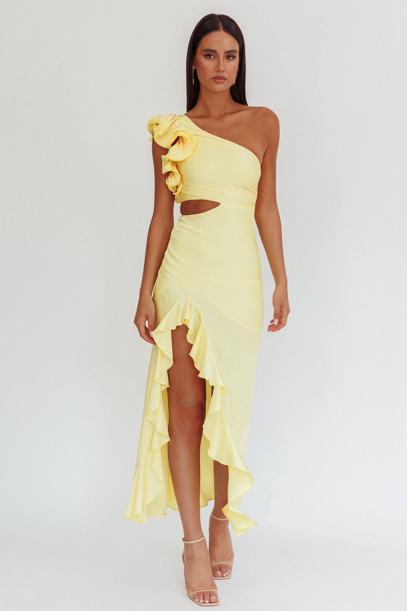 Deanna One-Shoulder Split Maxi Dress Yellow-Maymioy