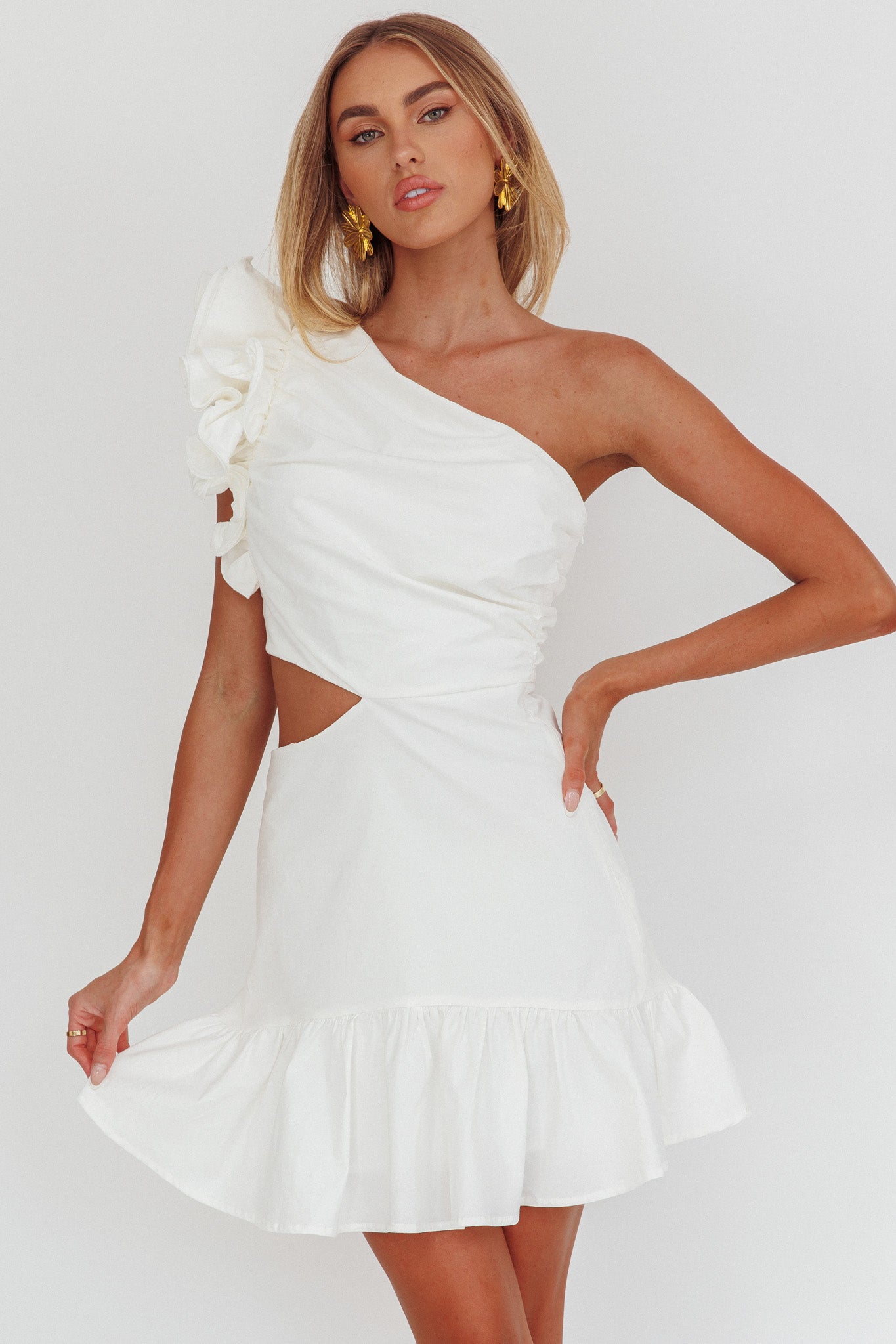 Deanna One-Shoulder Cut-Out Mini Dress White-Maymioy