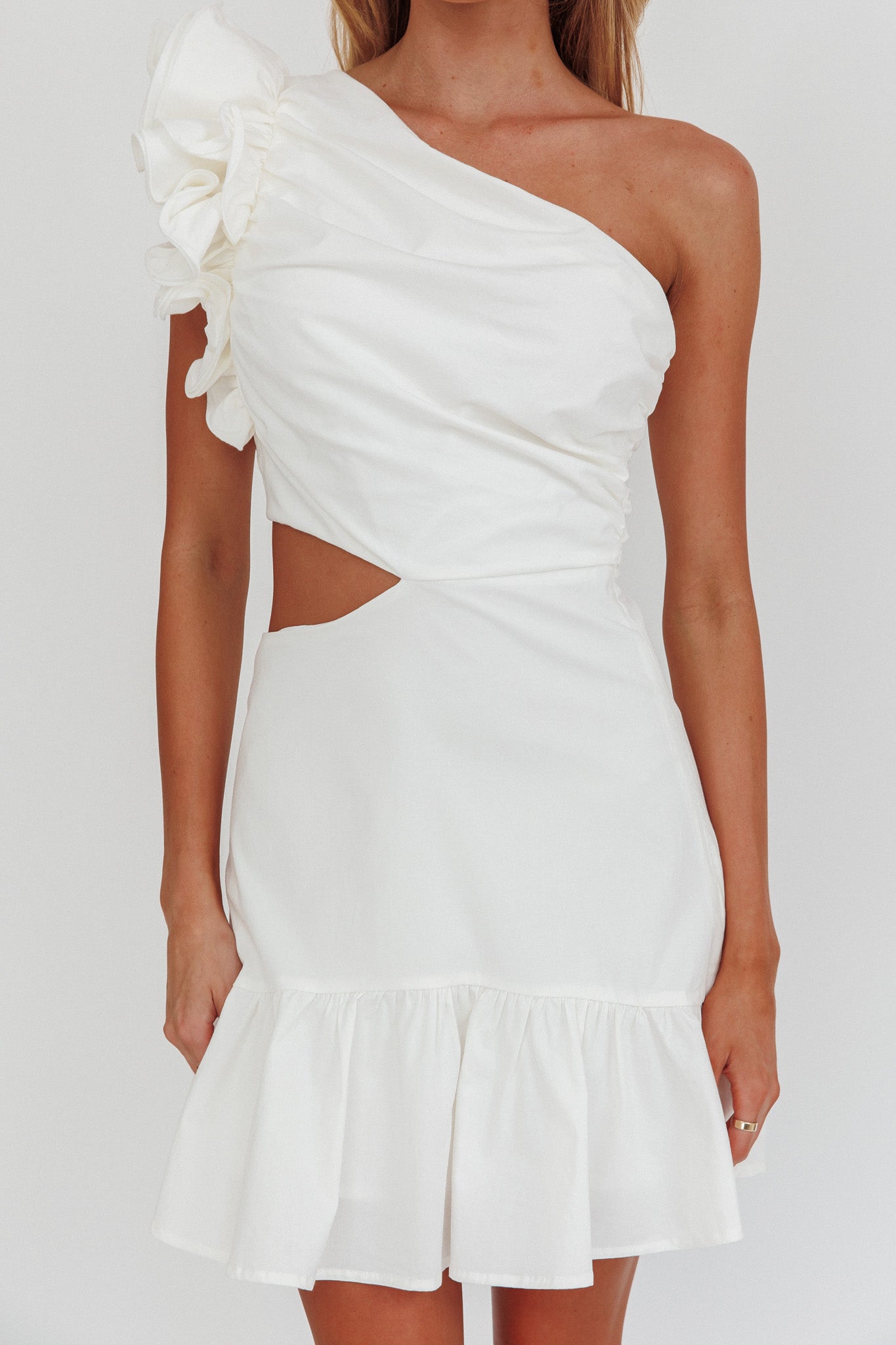 Deanna One-Shoulder Cut-Out Mini Dress White-Maymioy