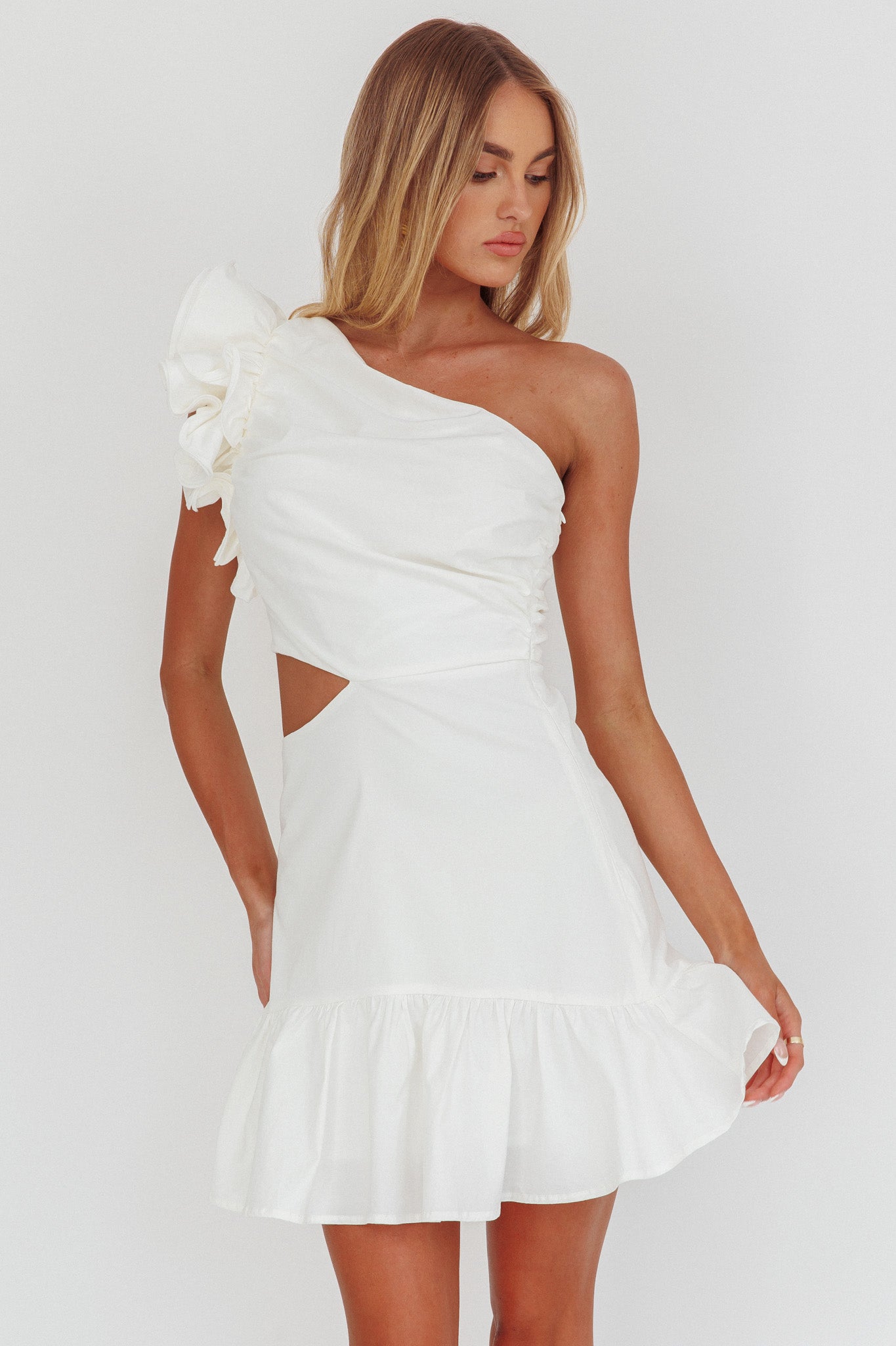 Deanna One-Shoulder Cut-Out Mini Dress White-Maymioy