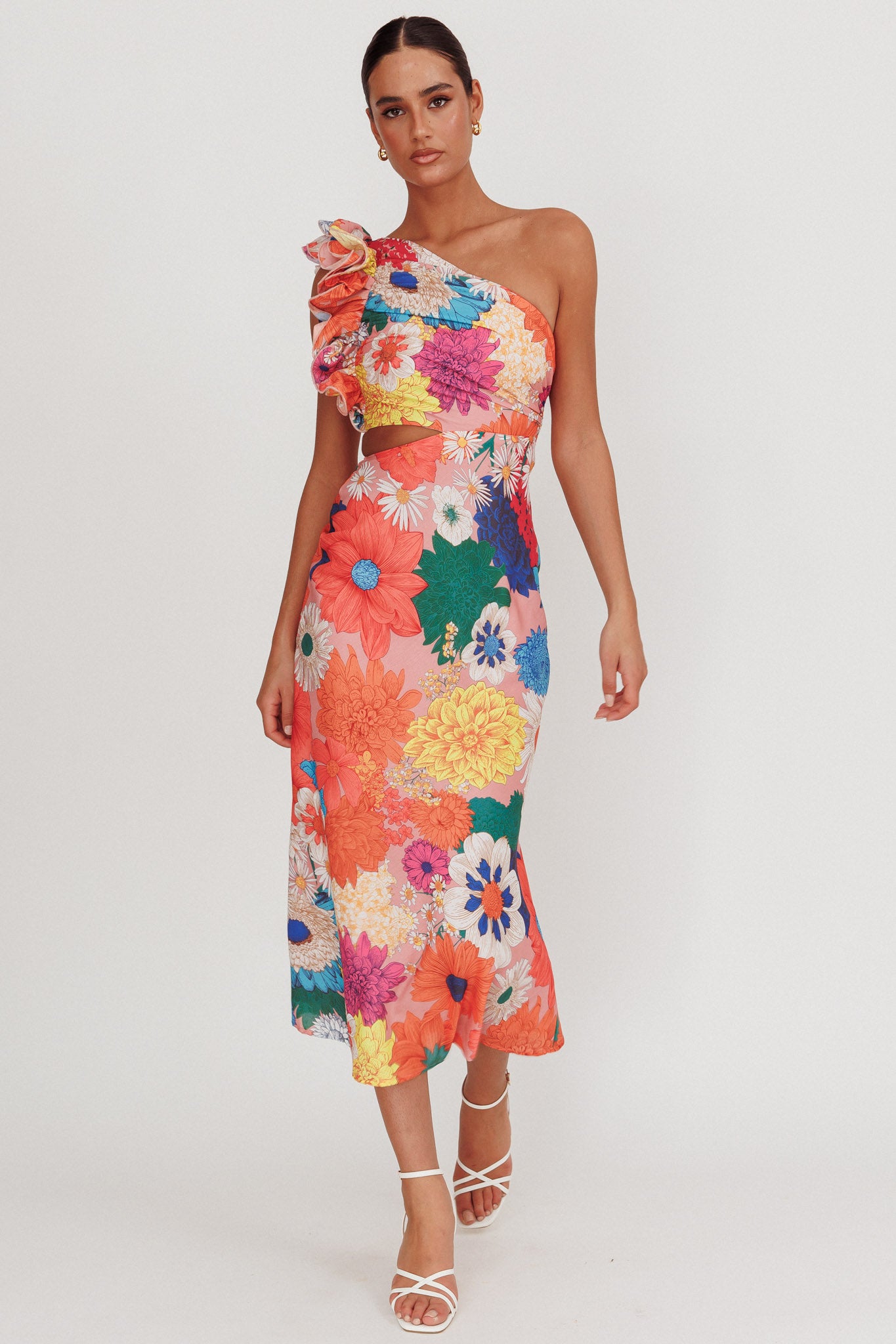 Deanna One-Shoulder Ruffle Floral Maxi Dress Orange-Maymioy