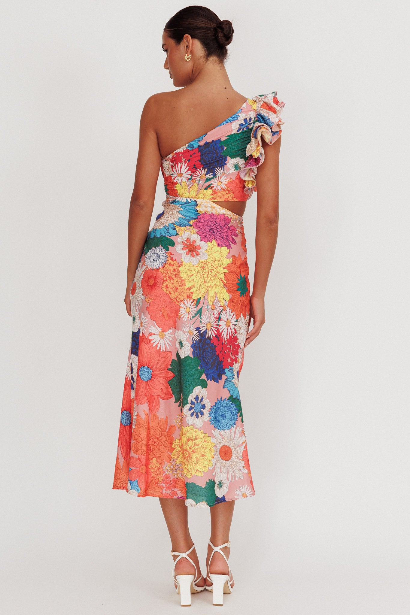 Deanna One-Shoulder Ruffle Floral Maxi Dress Orange-Maymioy