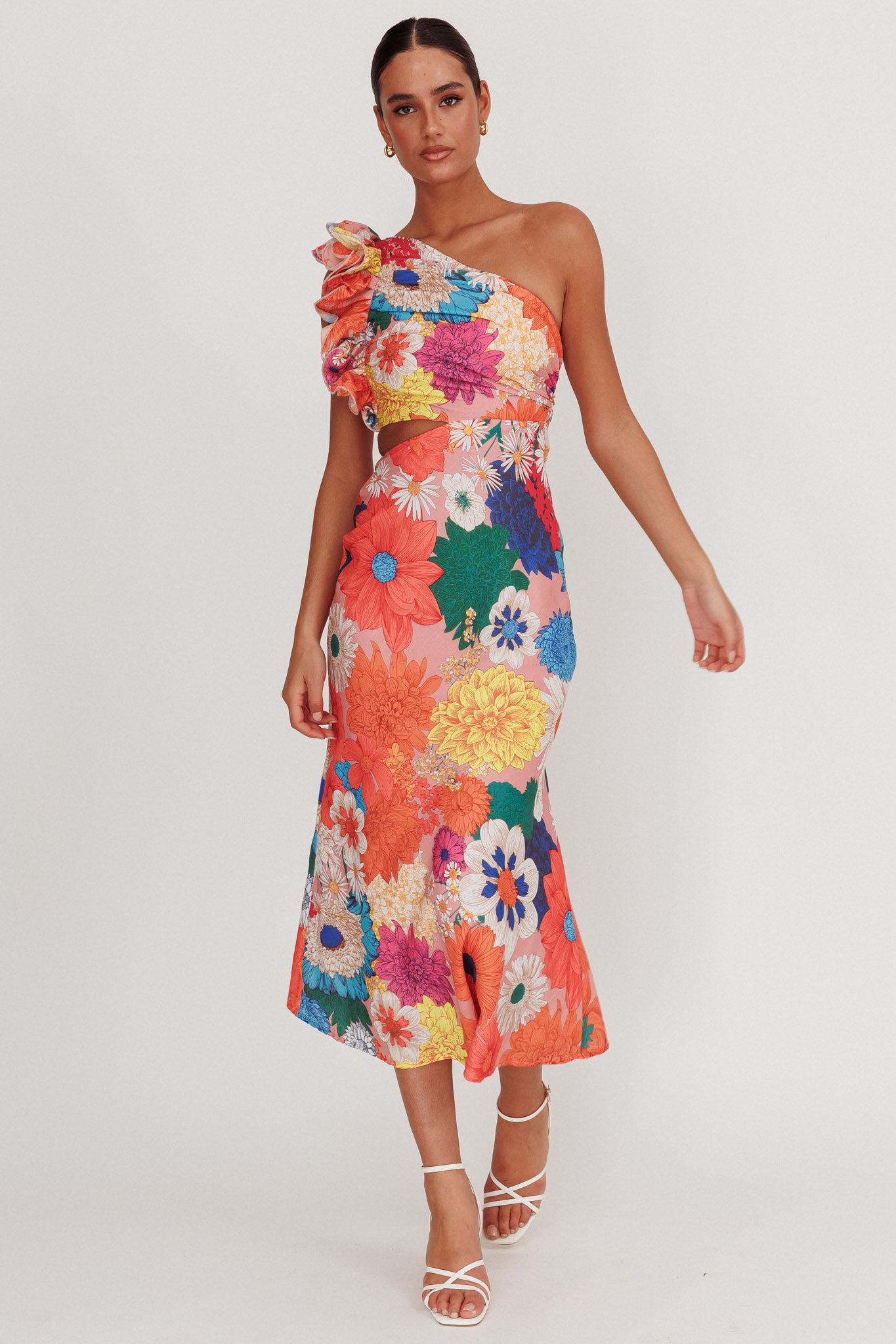 Deanna One-Shoulder Ruffle Floral Maxi Dress Orange-Maymioy