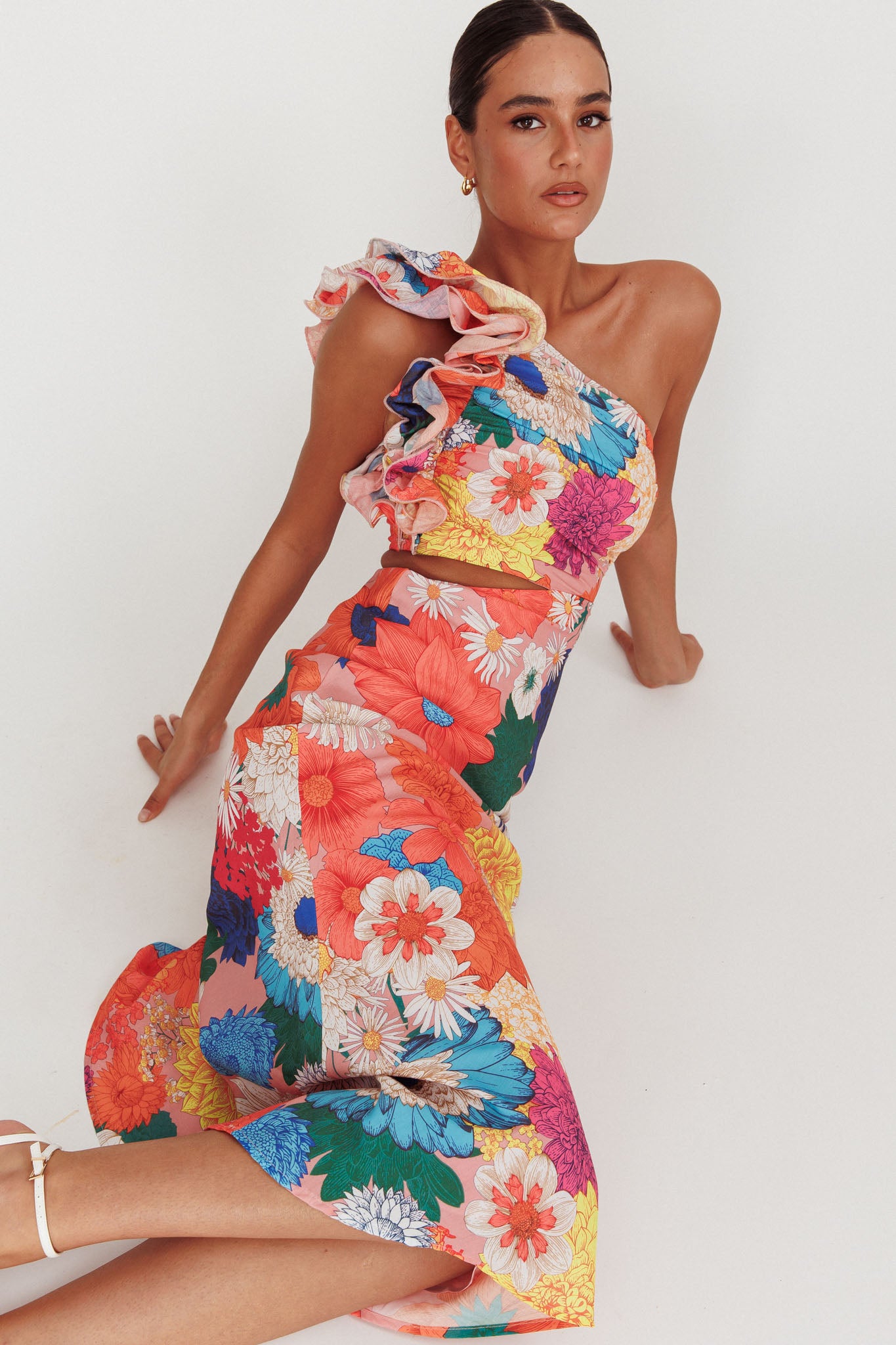 Deanna One-Shoulder Ruffle Floral Maxi Dress Orange-Maymioy
