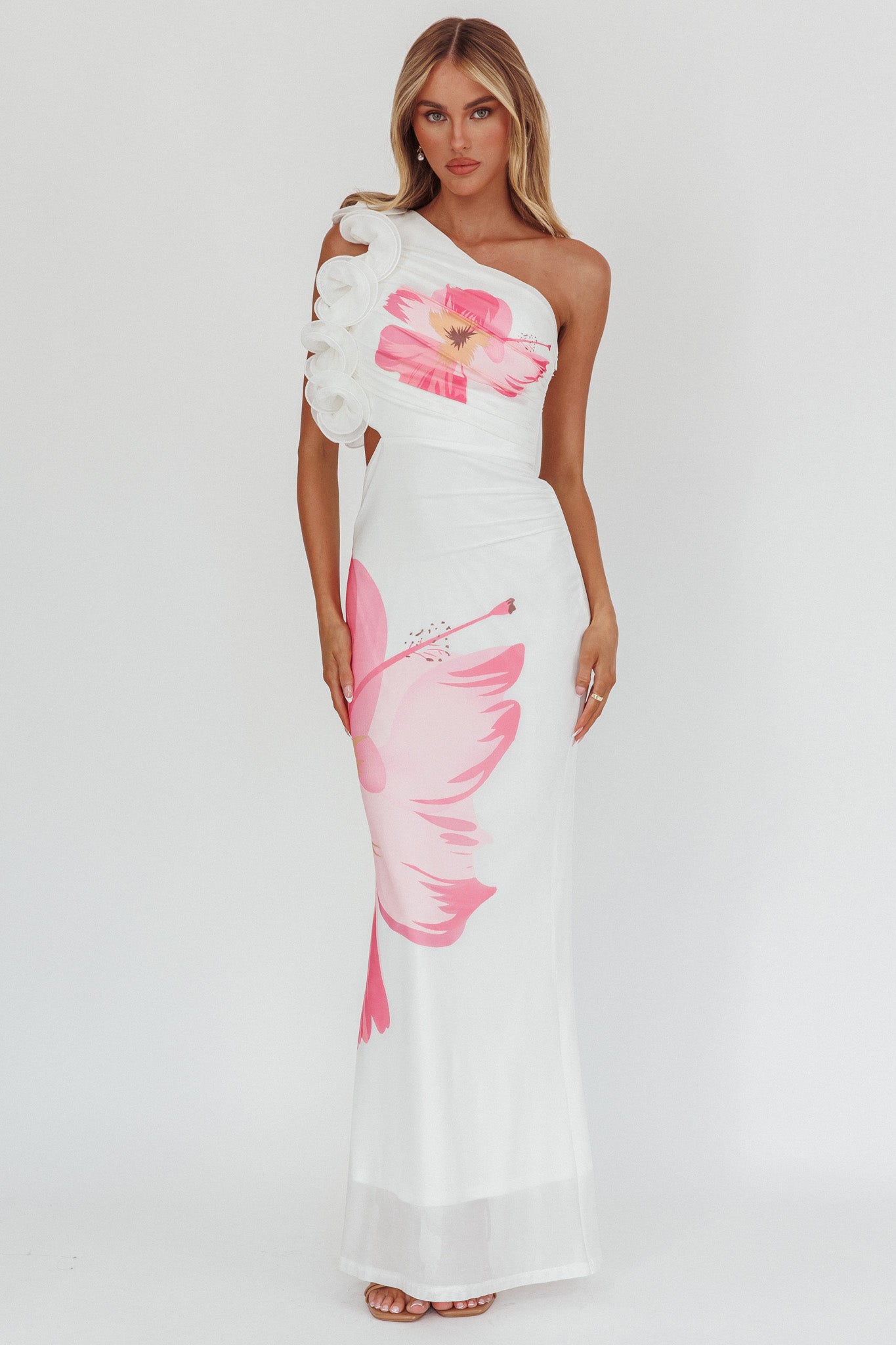 Deanna One-Shoulder Ruffle Maxi Dress Hibiscus White-Maymioy