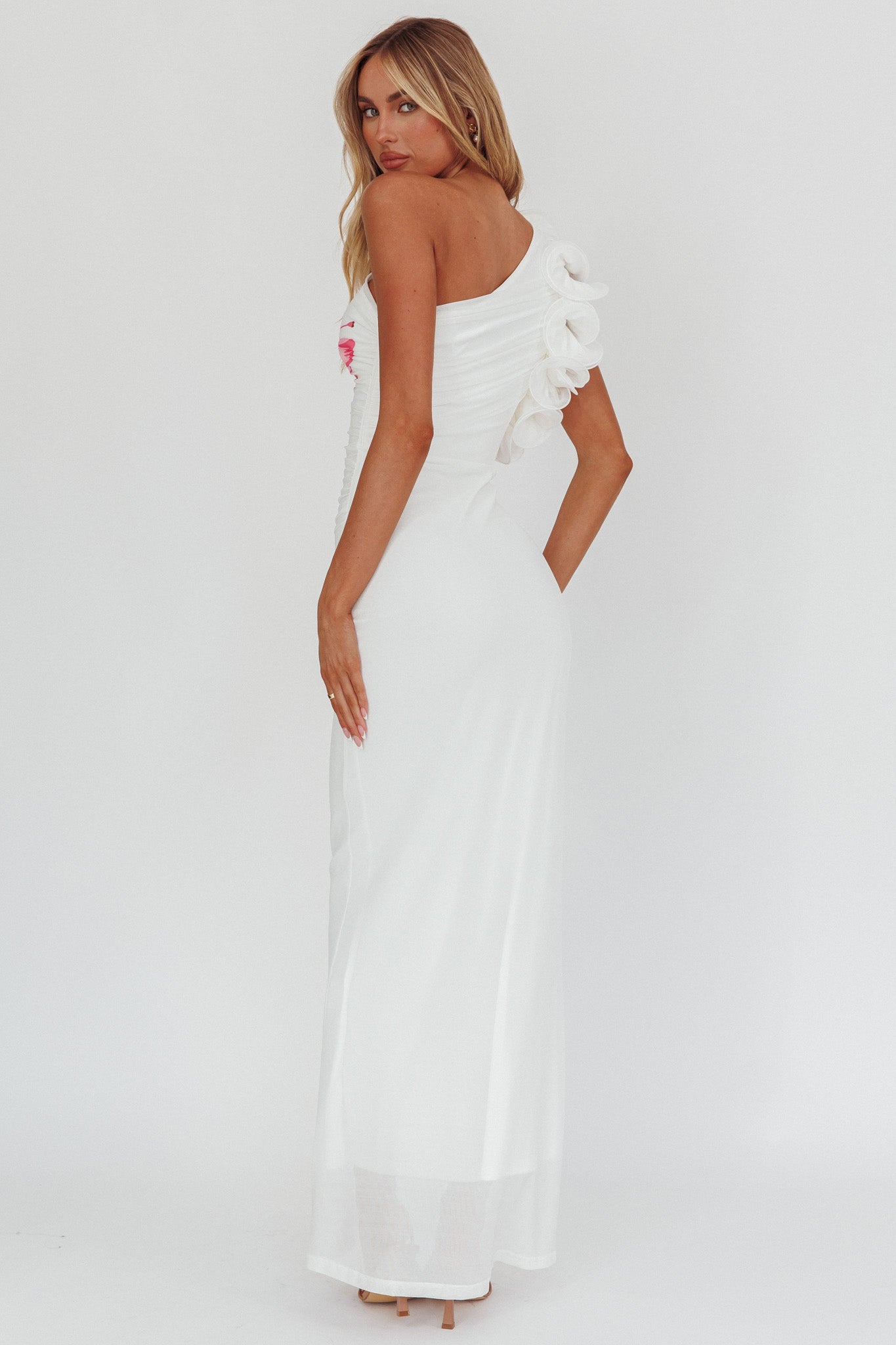 Deanna One-Shoulder Ruffle Maxi Dress Hibiscus White-Maymioy