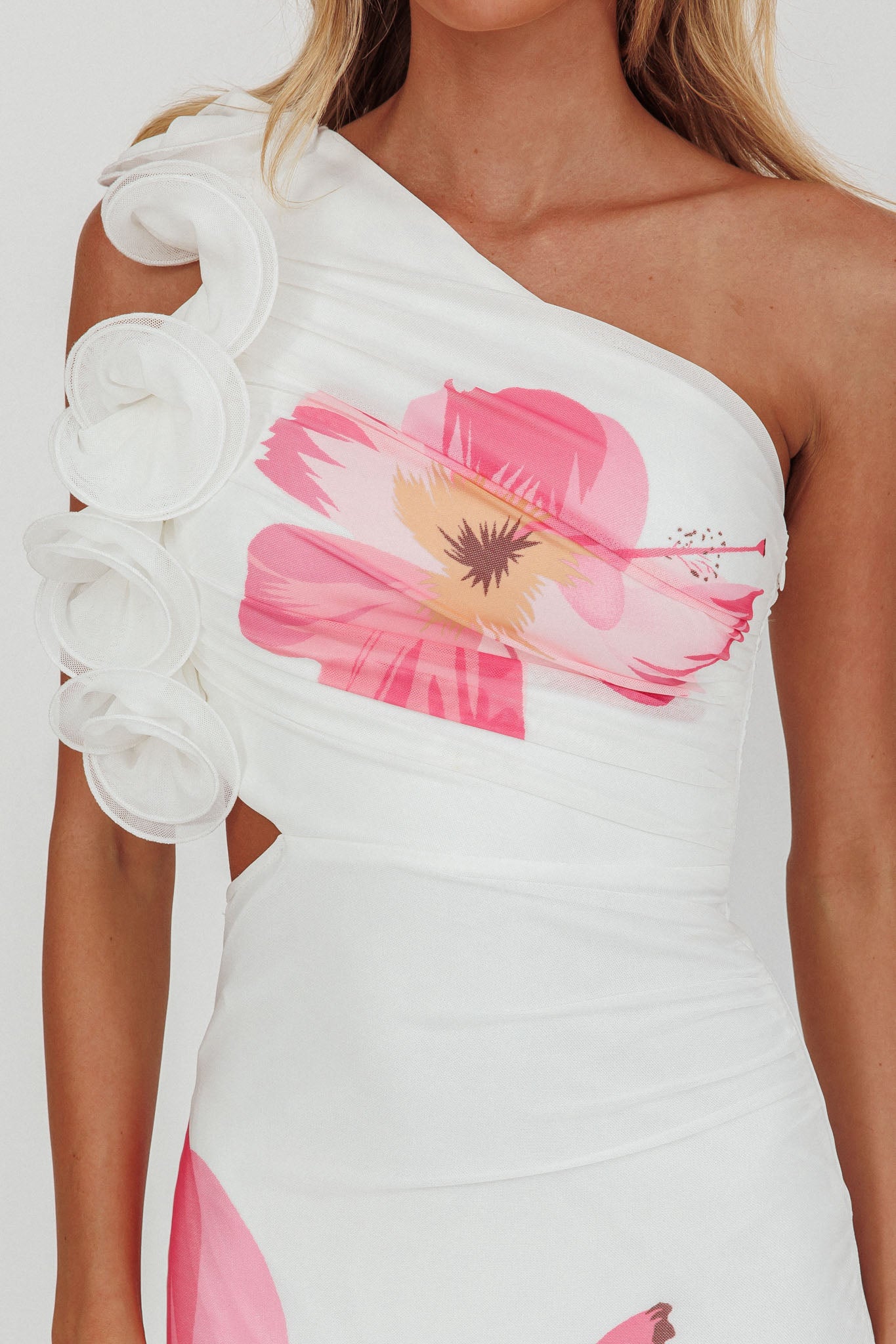 Deanna One-Shoulder Ruffle Maxi Dress Hibiscus White-Maymioy