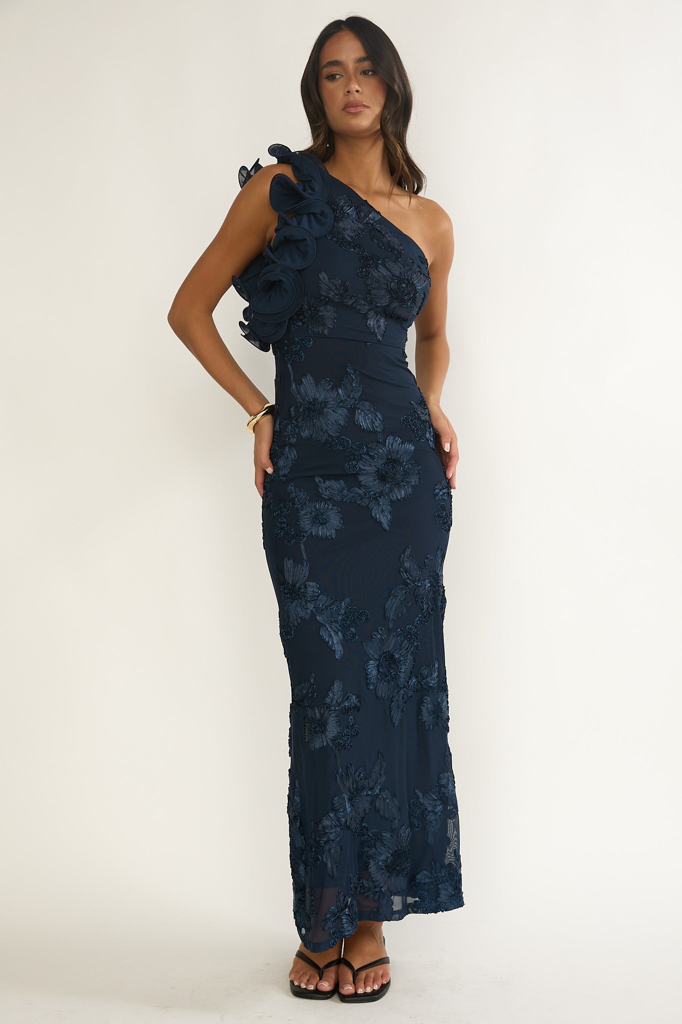 Deanna One-Shoulder Ruffle Maxi Dress Floral Navy-Maymioy