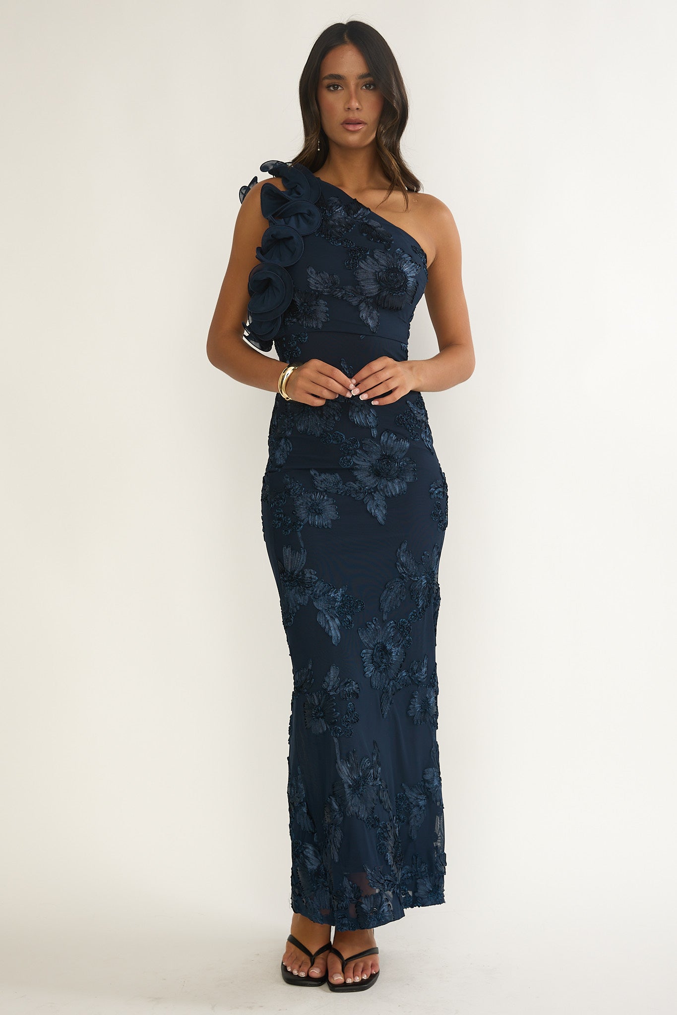 Deanna One-Shoulder Ruffle Maxi Dress Floral Navy-Maymioy