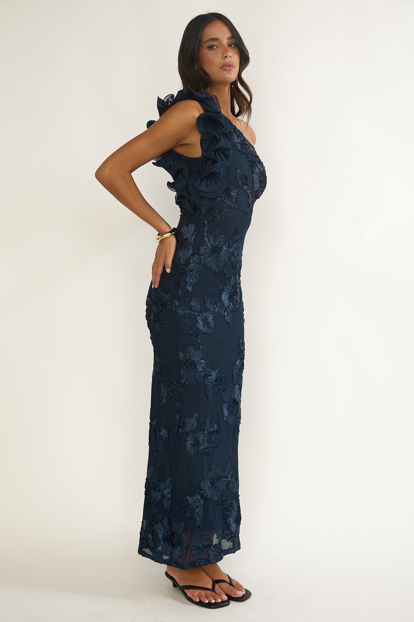 Deanna One-Shoulder Ruffle Maxi Dress Floral Navy-Maymioy