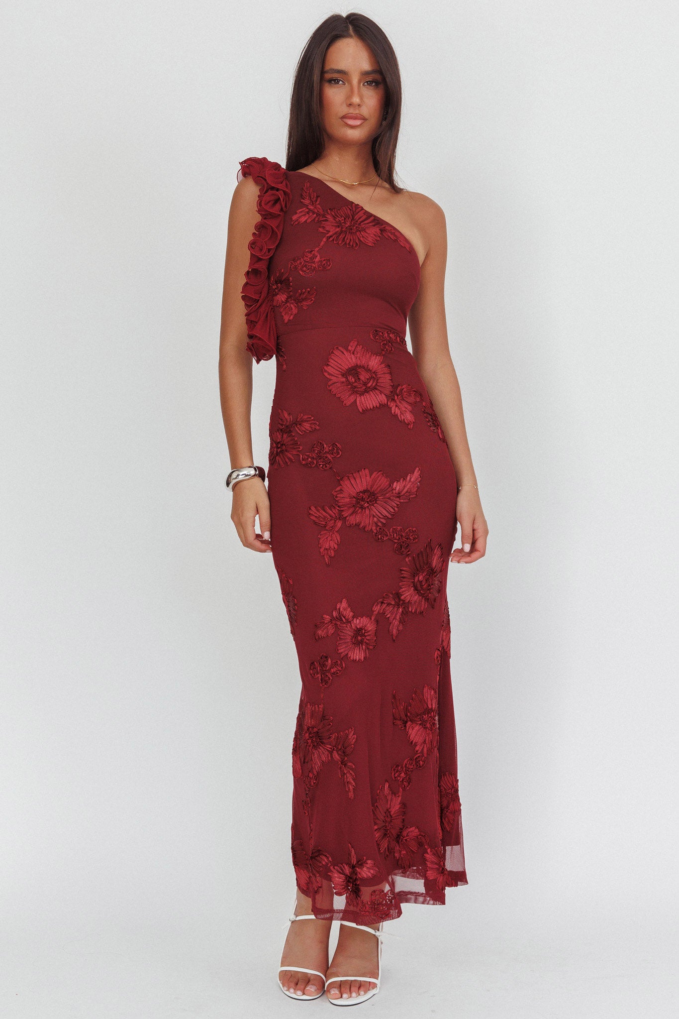 Deanna One-Shoulder Ruffle Maxi Dress Floral Texture Wine-Maymioy