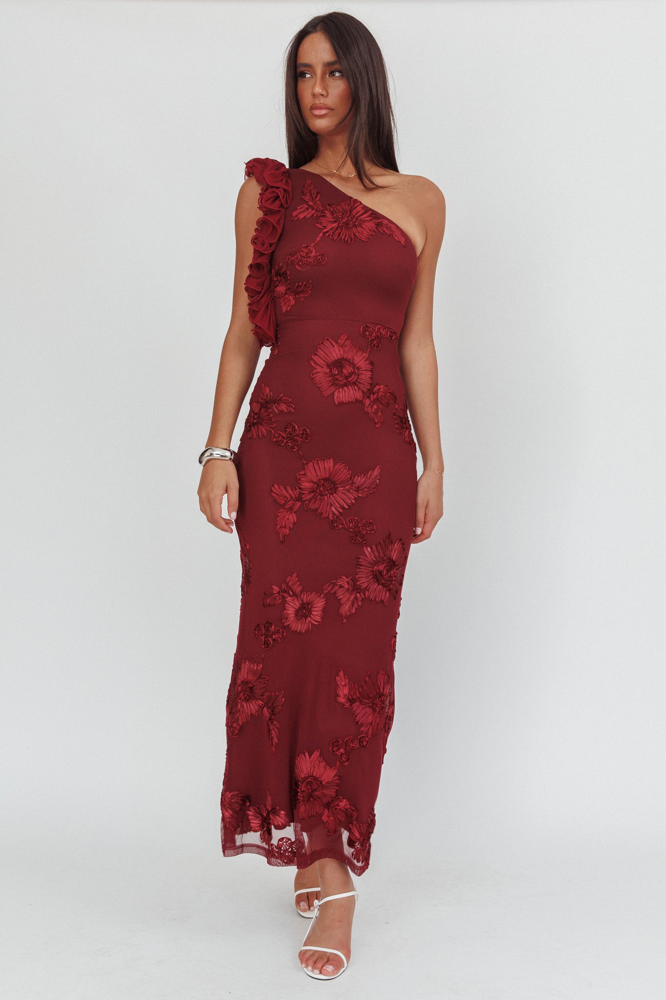 Deanna One-Shoulder Ruffle Maxi Dress Floral Texture Wine-Maymioy