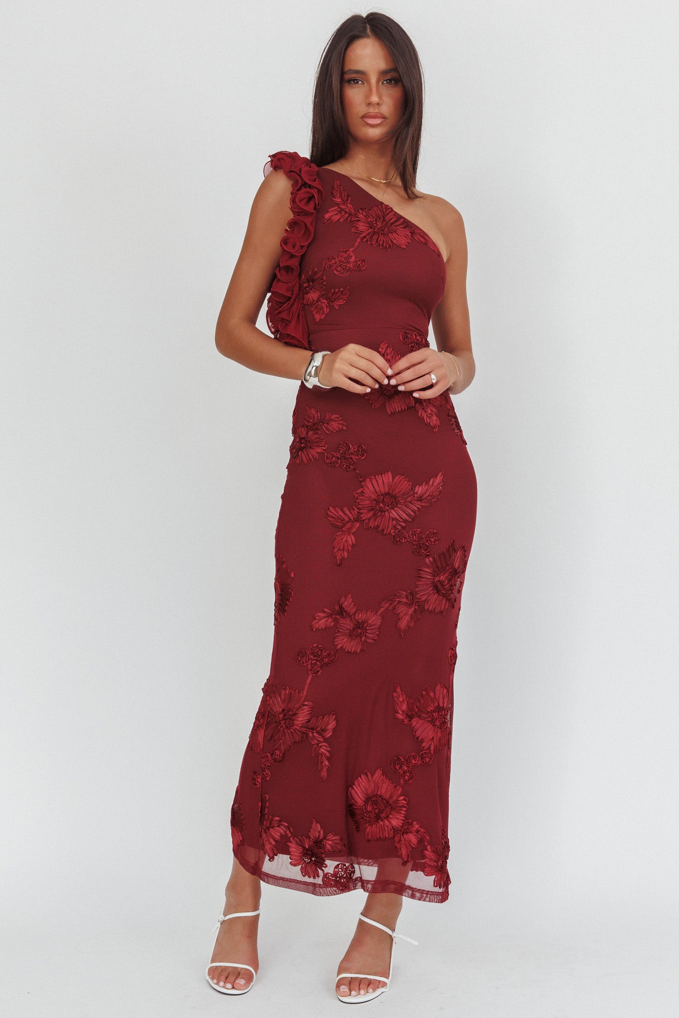 Deanna One-Shoulder Ruffle Maxi Dress Floral Texture Wine-Maymioy