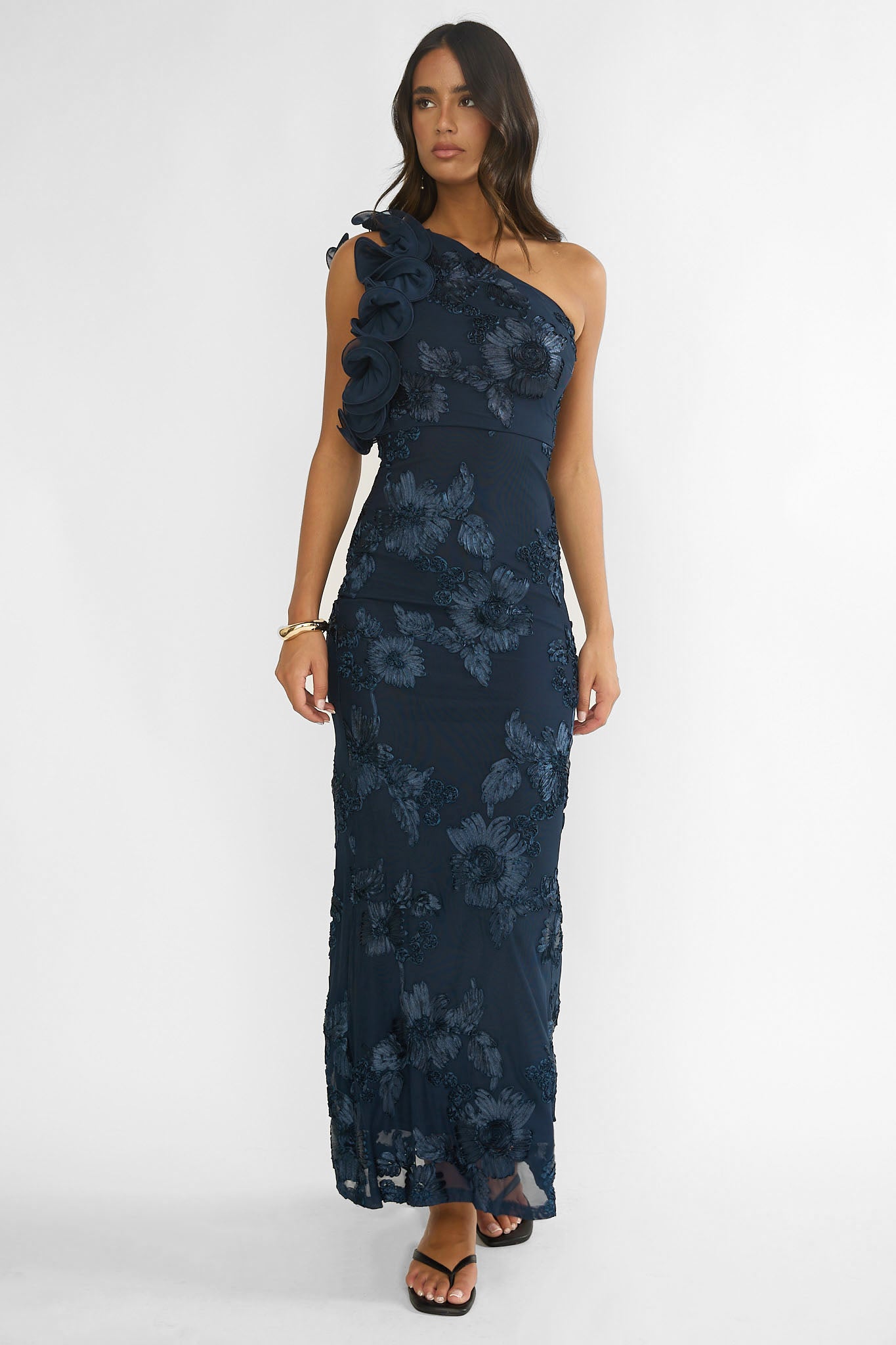 Deanna One-Shoulder Ruffle Maxi Dress Floral Navy-Maymioy