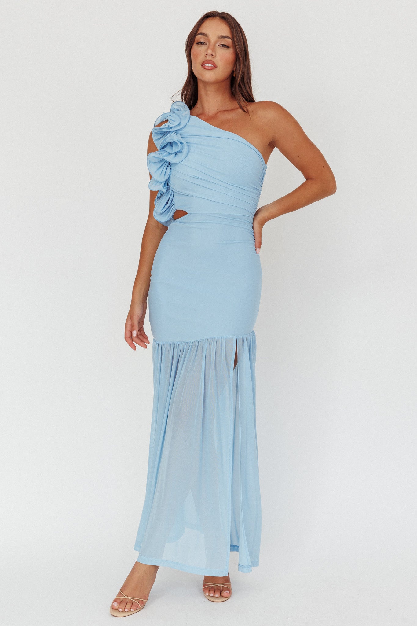 Deanna One-Shoulder Sheer Hem Maxi Dress Blue-Maymioy