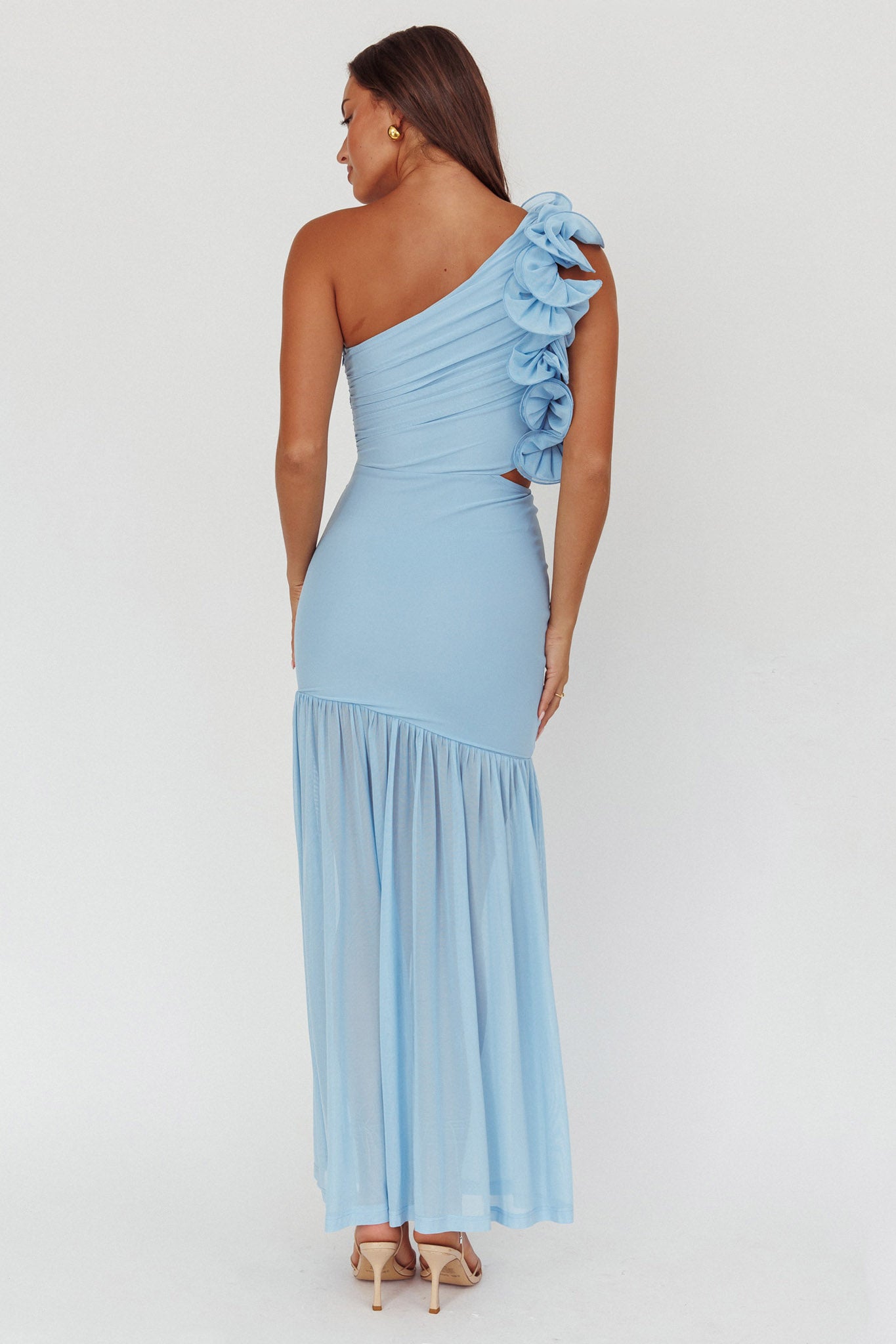 Deanna One-Shoulder Sheer Hem Maxi Dress Blue-Maymioy