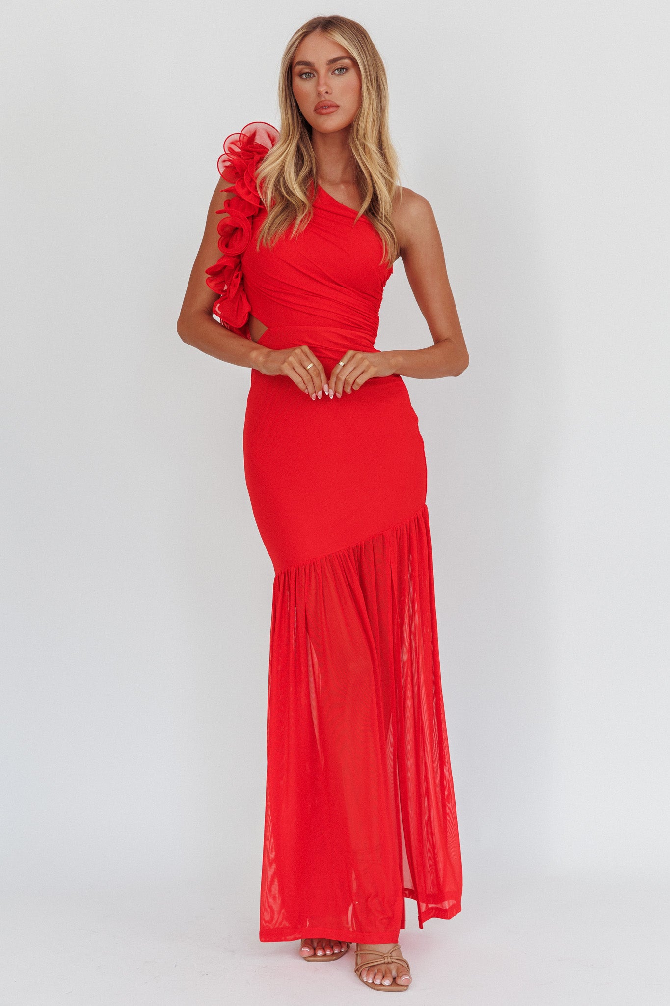 Deanna One-Shoulder Sheer Hem Maxi Dress Red-Maymioy