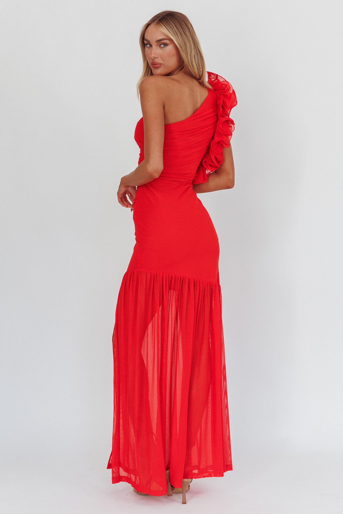 Deanna One-Shoulder Sheer Hem Maxi Dress Red-Maymioy