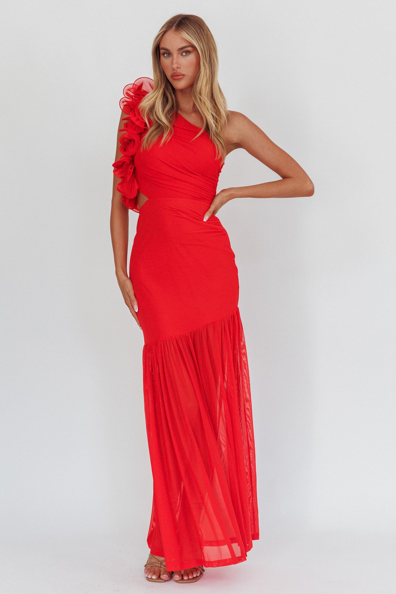 Deanna One-Shoulder Sheer Hem Maxi Dress Red-Maymioy