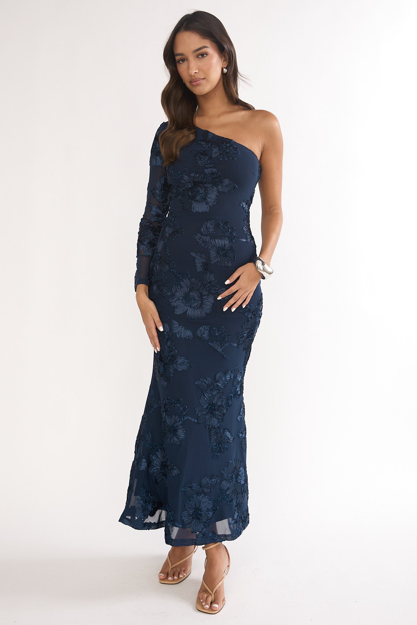 Deanna One-Shoulder Sleeve Maxi Dress Embellished Navy-Maymioy