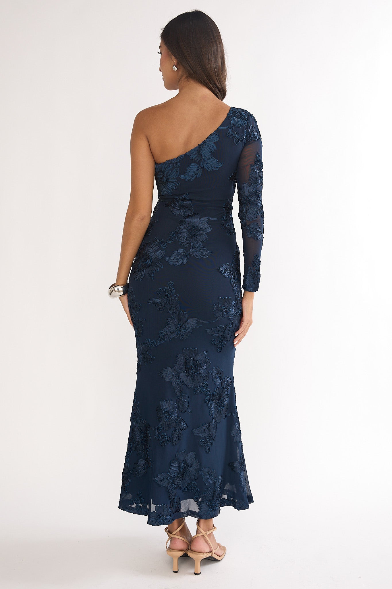 Deanna One-Shoulder Sleeve Maxi Dress Embellished Navy-Maymioy