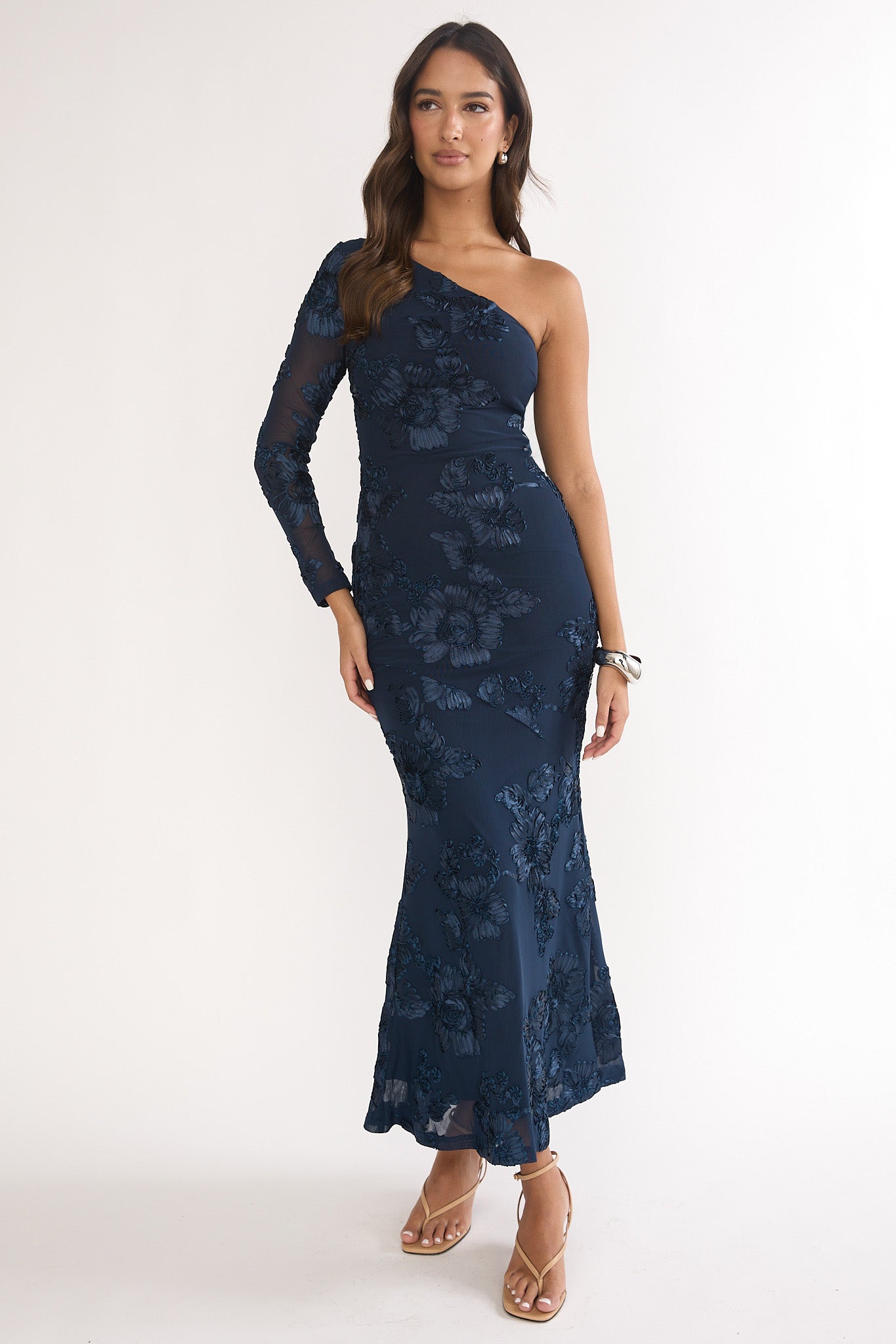 Deanna One-Shoulder Sleeve Maxi Dress Embellished Navy-Maymioy