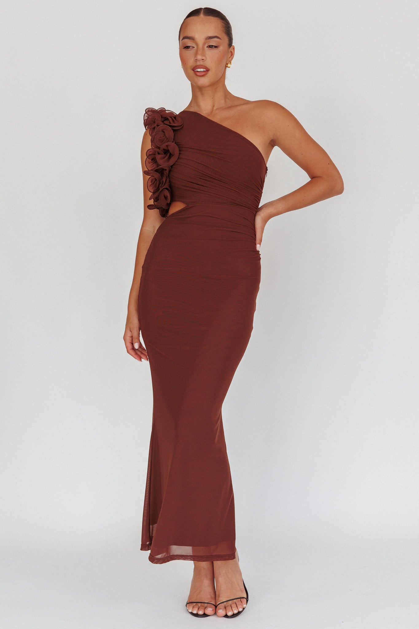 Deanna One-Shoulder Ruffle Maxi Dress Brown-Maymioy
