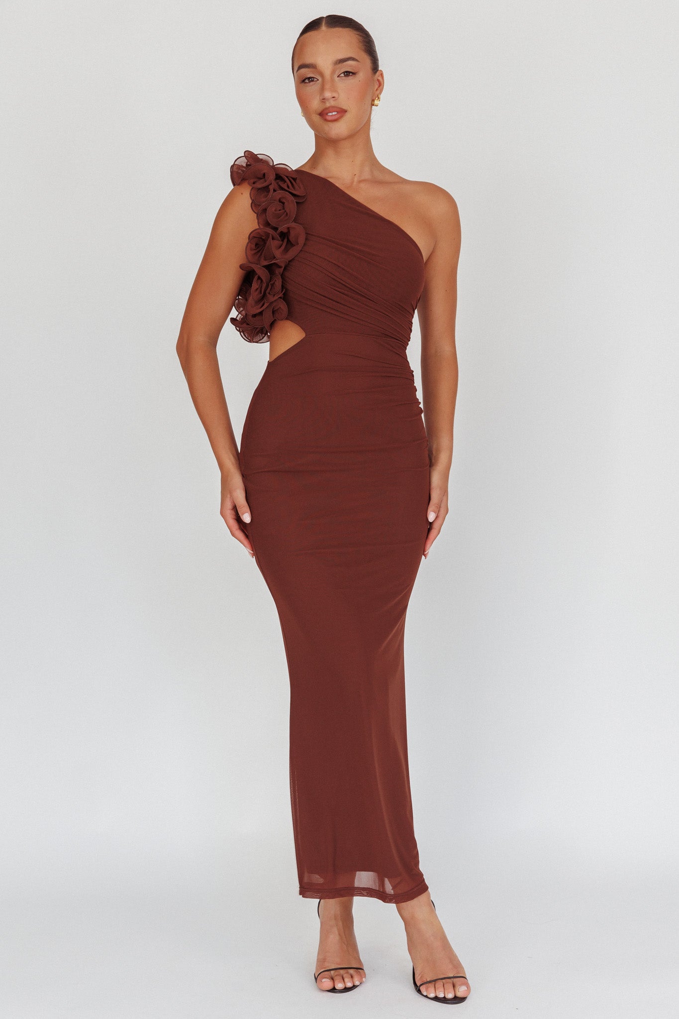 Deanna One-Shoulder Ruffle Maxi Dress Brown-Maymioy