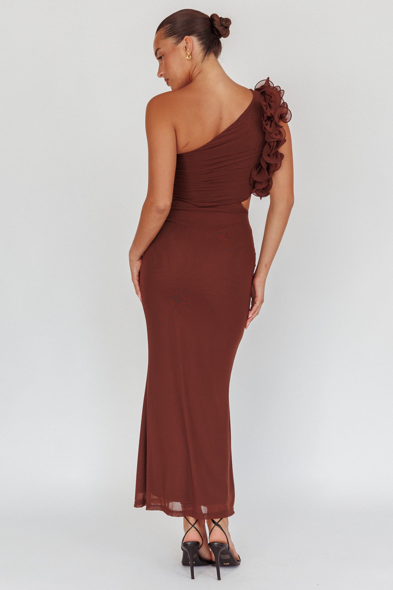 Deanna One-Shoulder Ruffle Maxi Dress Brown-Maymioy