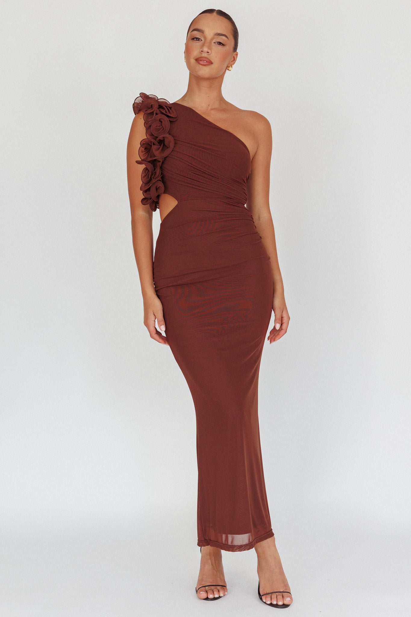 Deanna One-Shoulder Ruffle Maxi Dress Brown-Maymioy