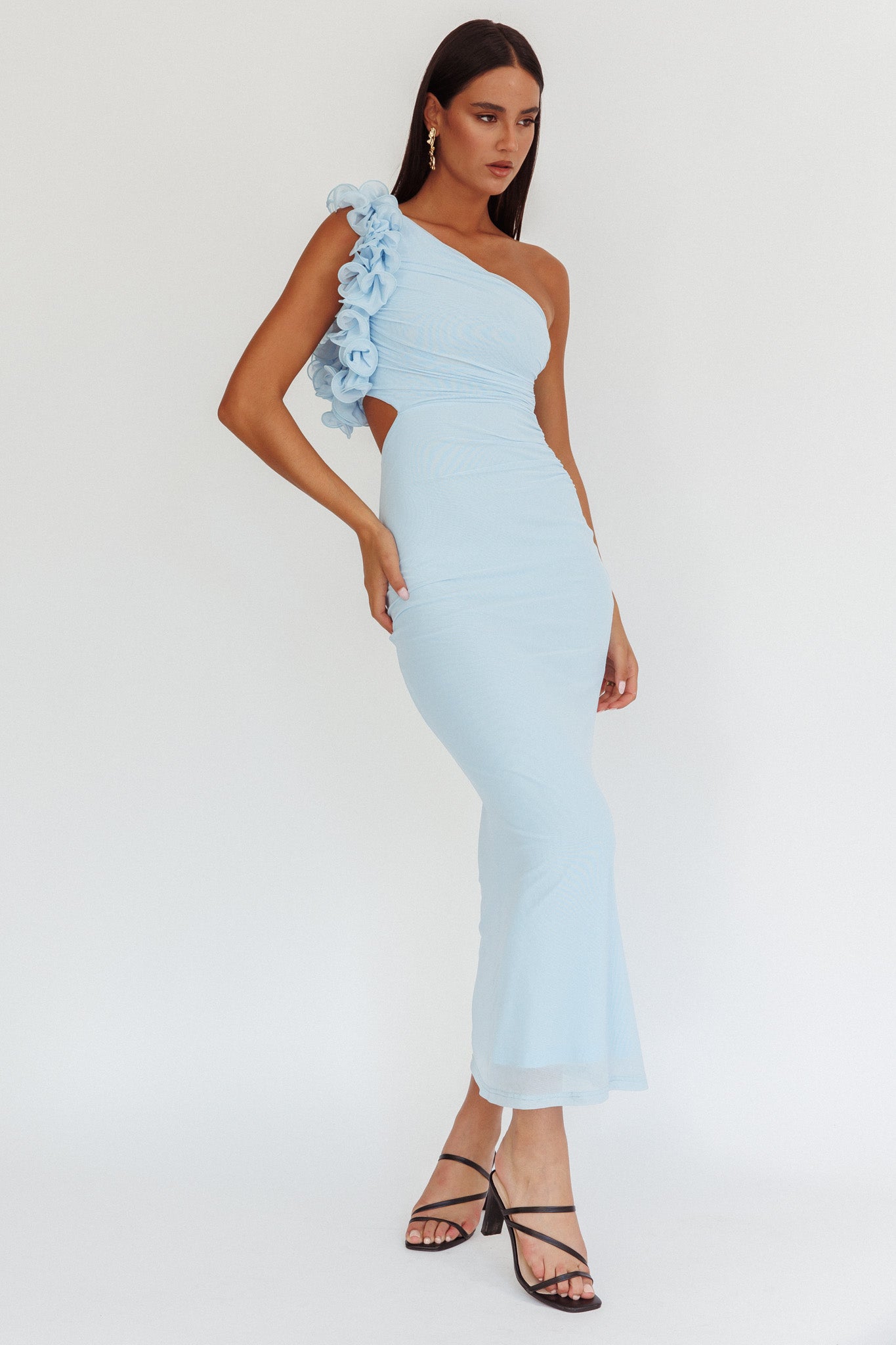 Deanna One-Shoulder Ruffle Maxi Dress Light Blue-Maymioy