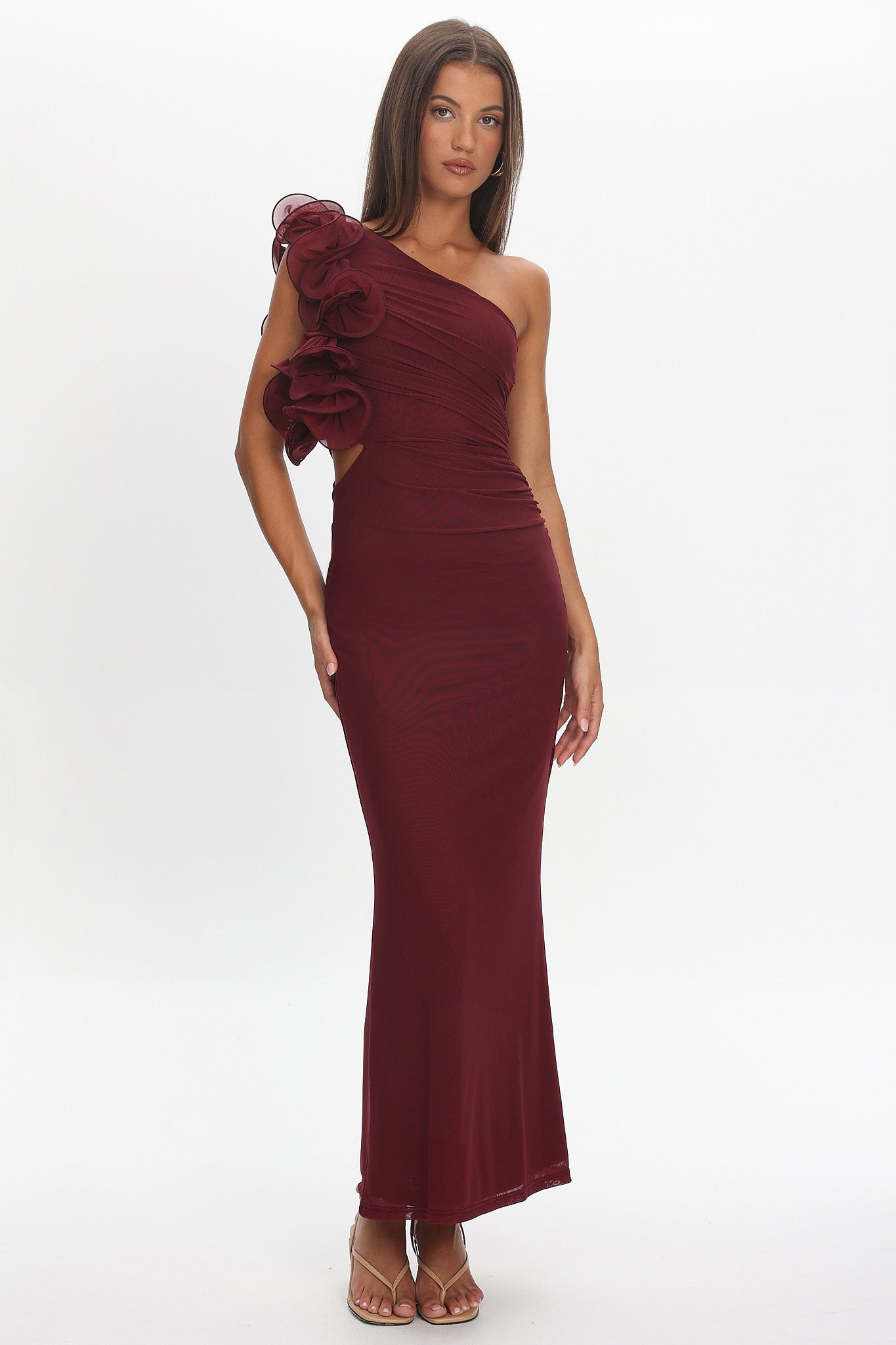 Deanna One-Shoulder Ruffle Maxi Dress Wine-Maymioy
