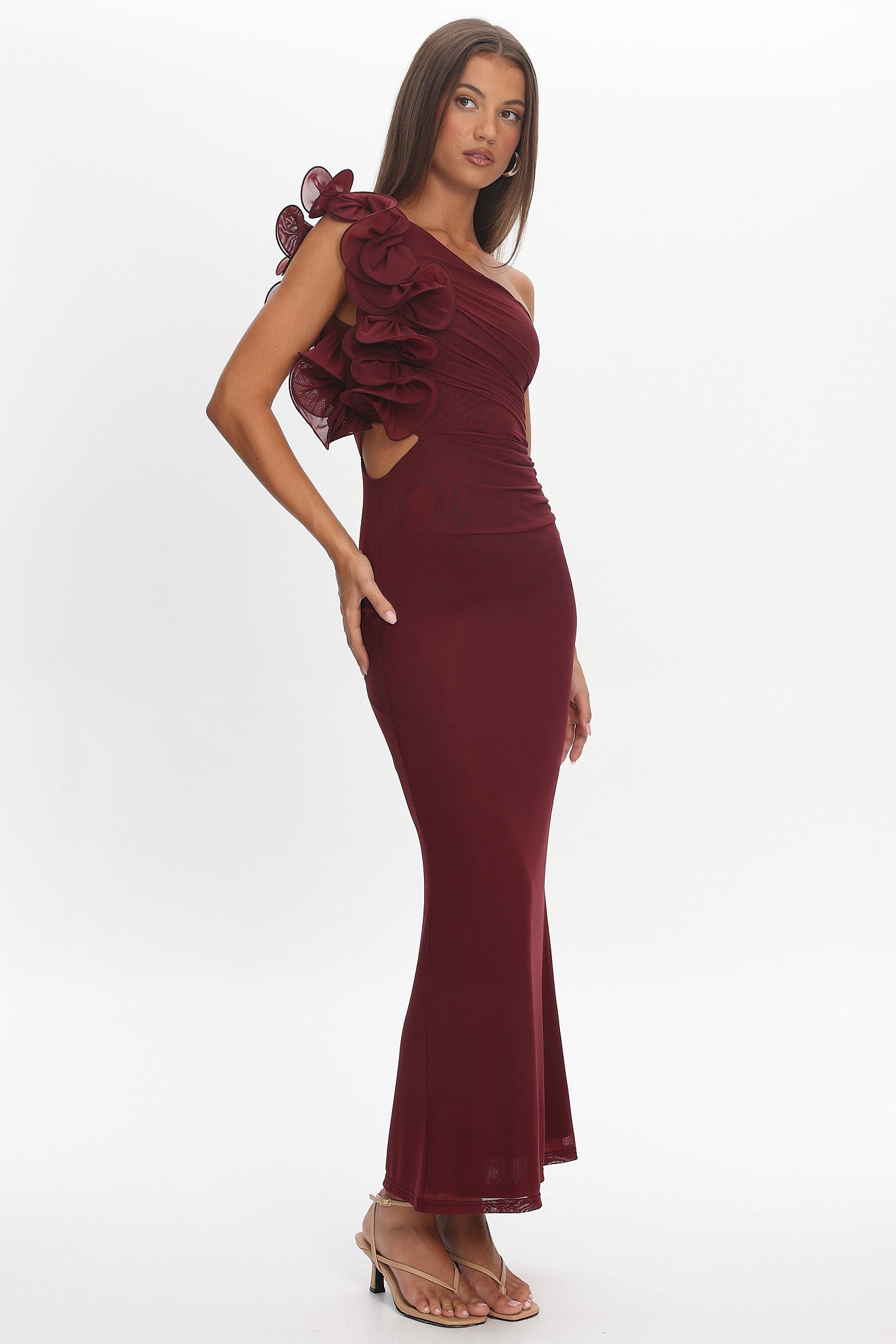 Deanna One-Shoulder Ruffle Maxi Dress Wine-Maymioy