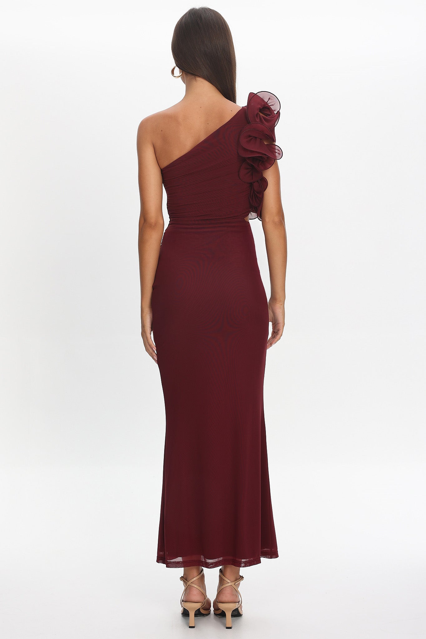 Deanna One-Shoulder Ruffle Maxi Dress Wine-Maymioy
