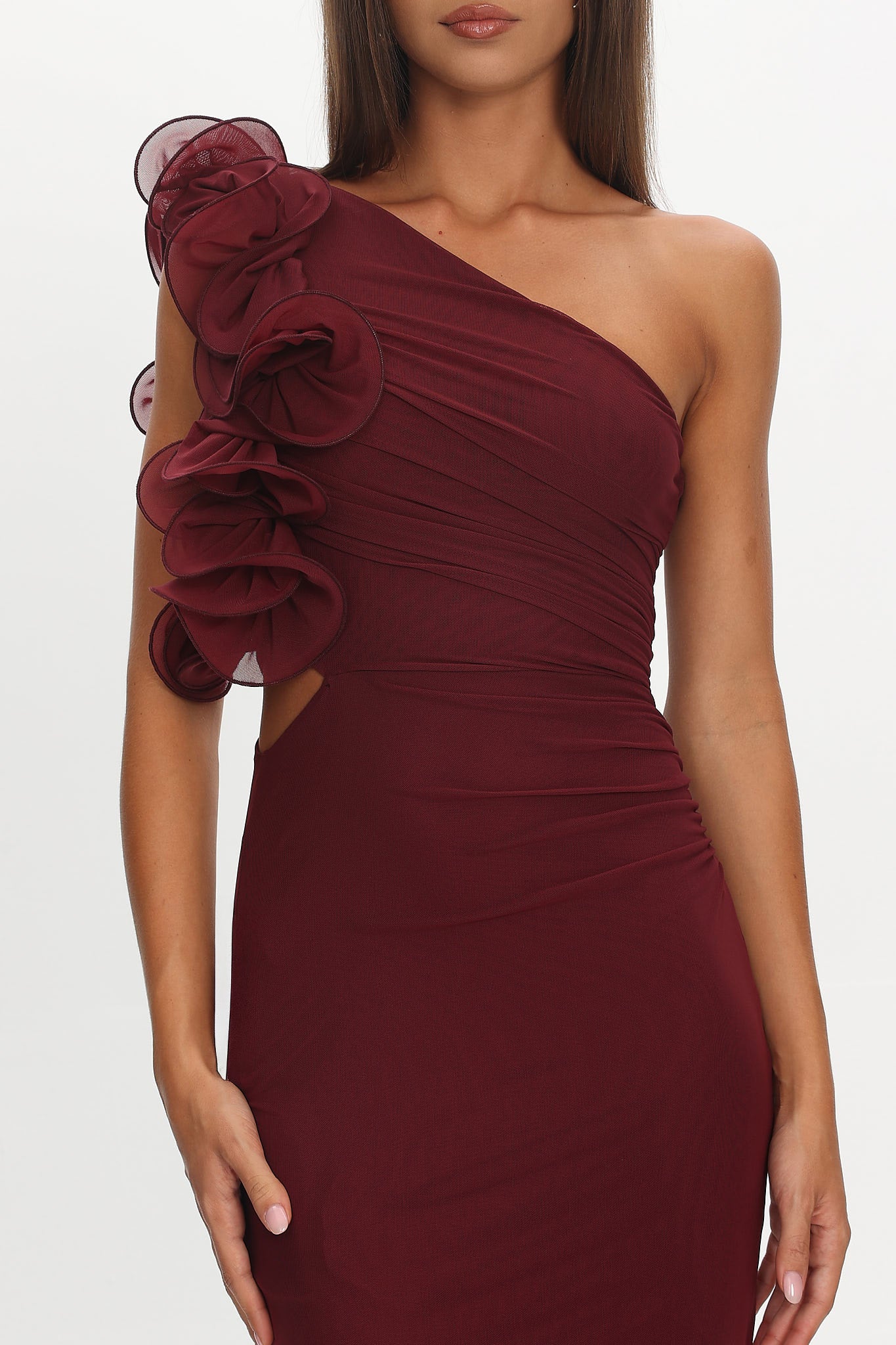 Deanna One-Shoulder Ruffle Maxi Dress Wine-Maymioy