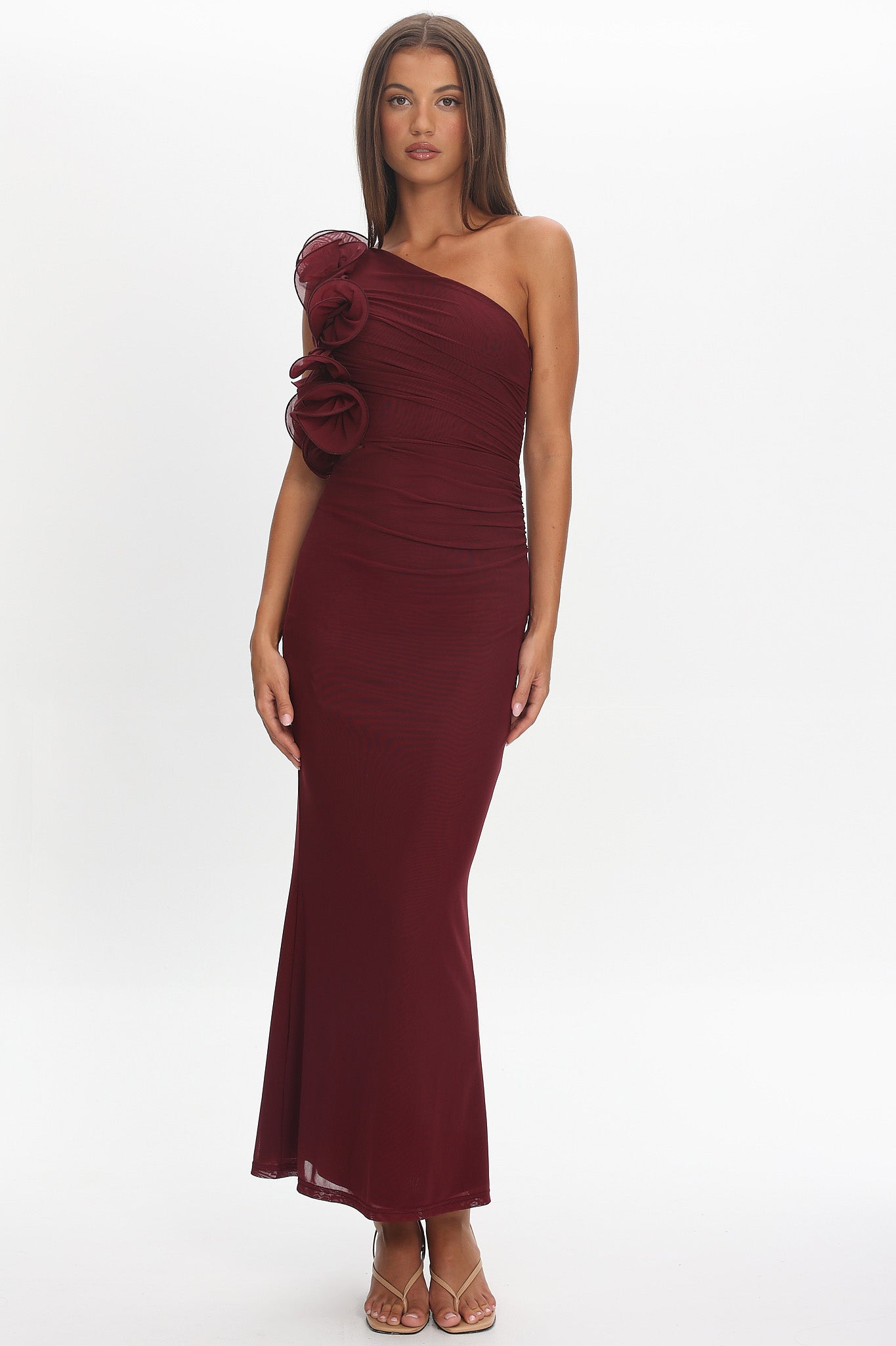 Deanna One-Shoulder Ruffle Maxi Dress Wine-Maymioy
