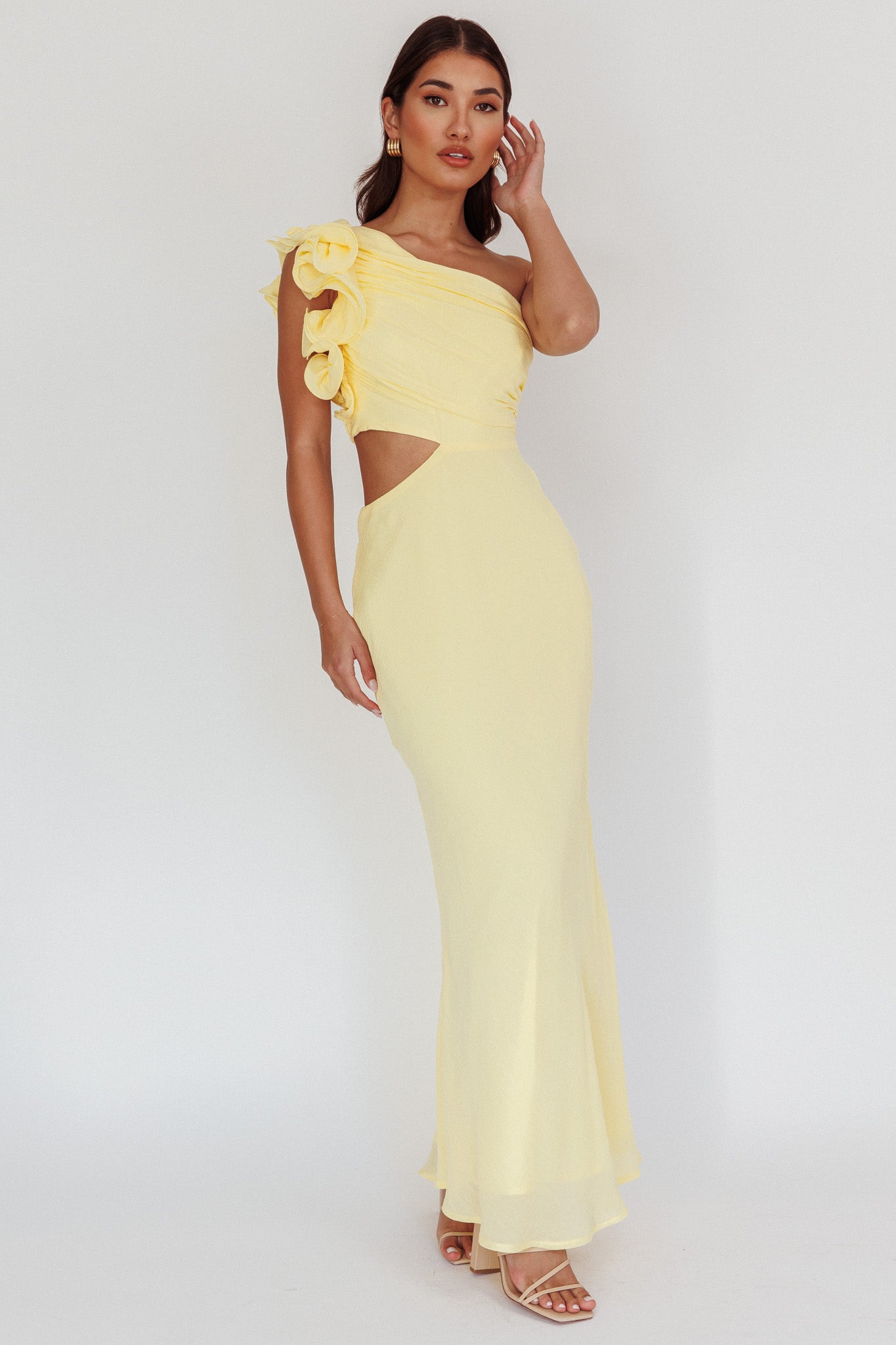 Deanna One-Shoulder Ruffle Maxi Dress Yellow-Maymioy