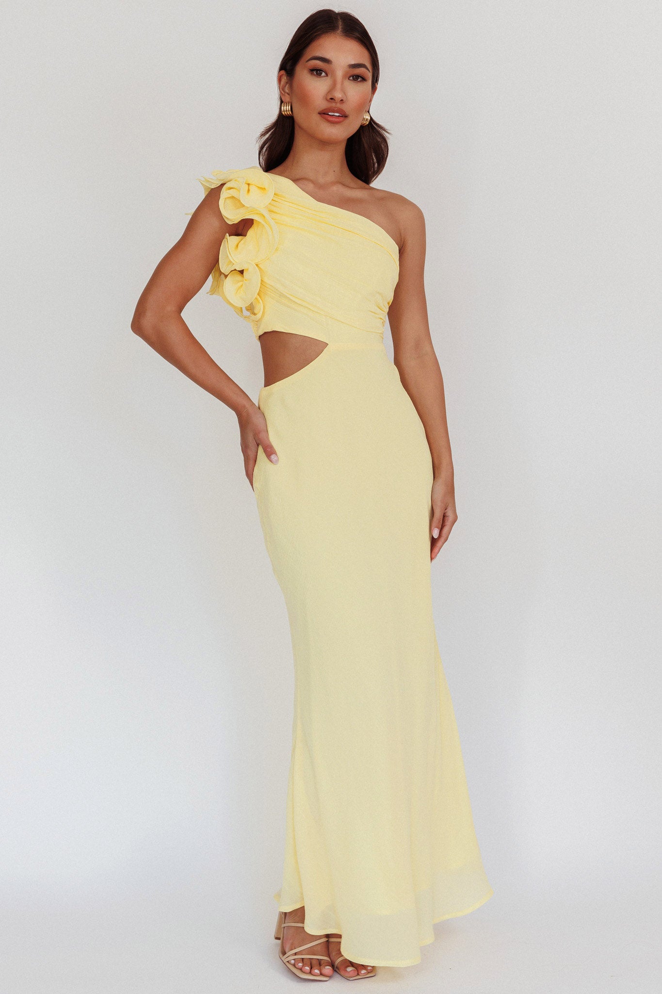 Deanna One-Shoulder Ruffle Maxi Dress Yellow-Maymioy
