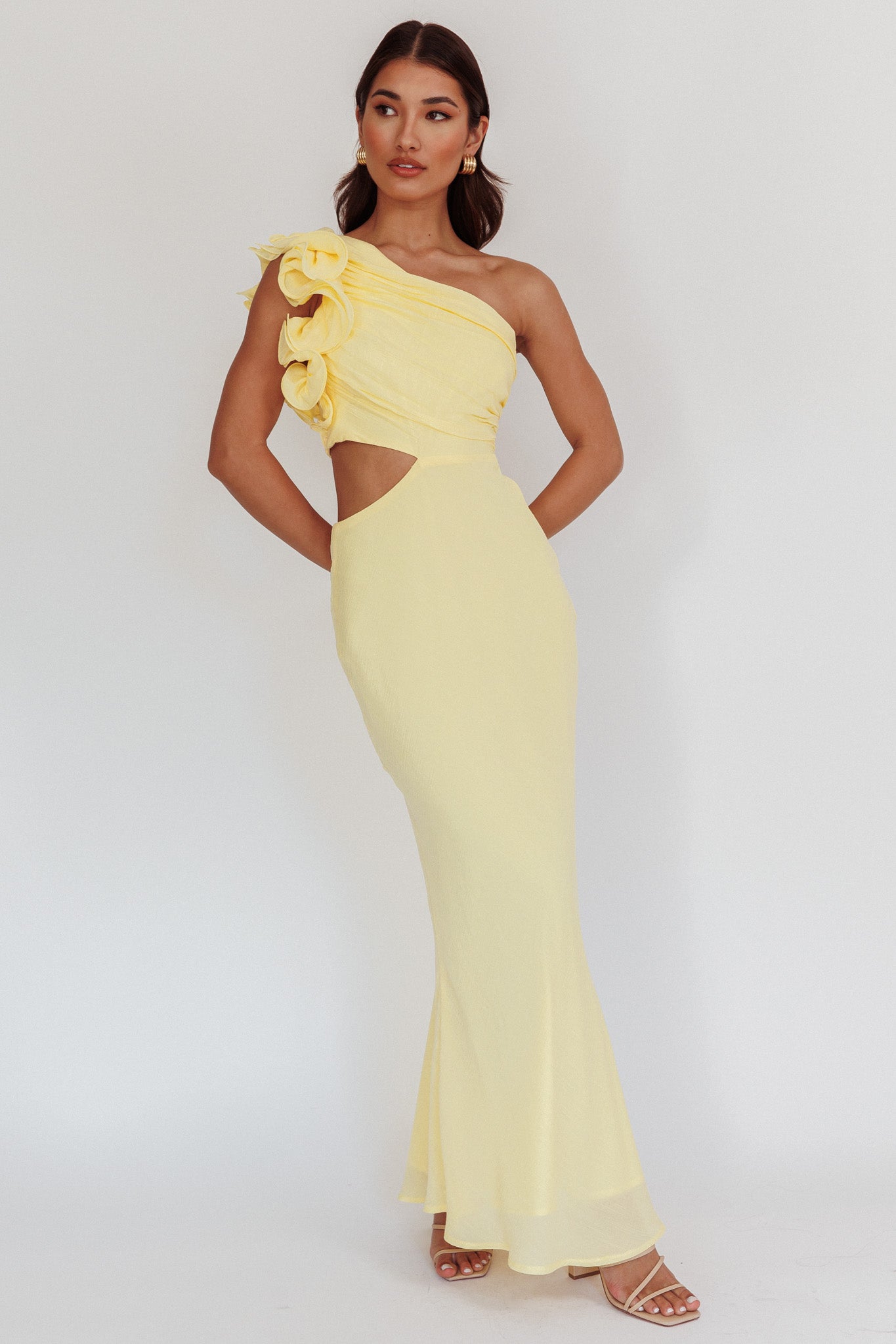 Deanna One-Shoulder Ruffle Maxi Dress Yellow-Maymioy
