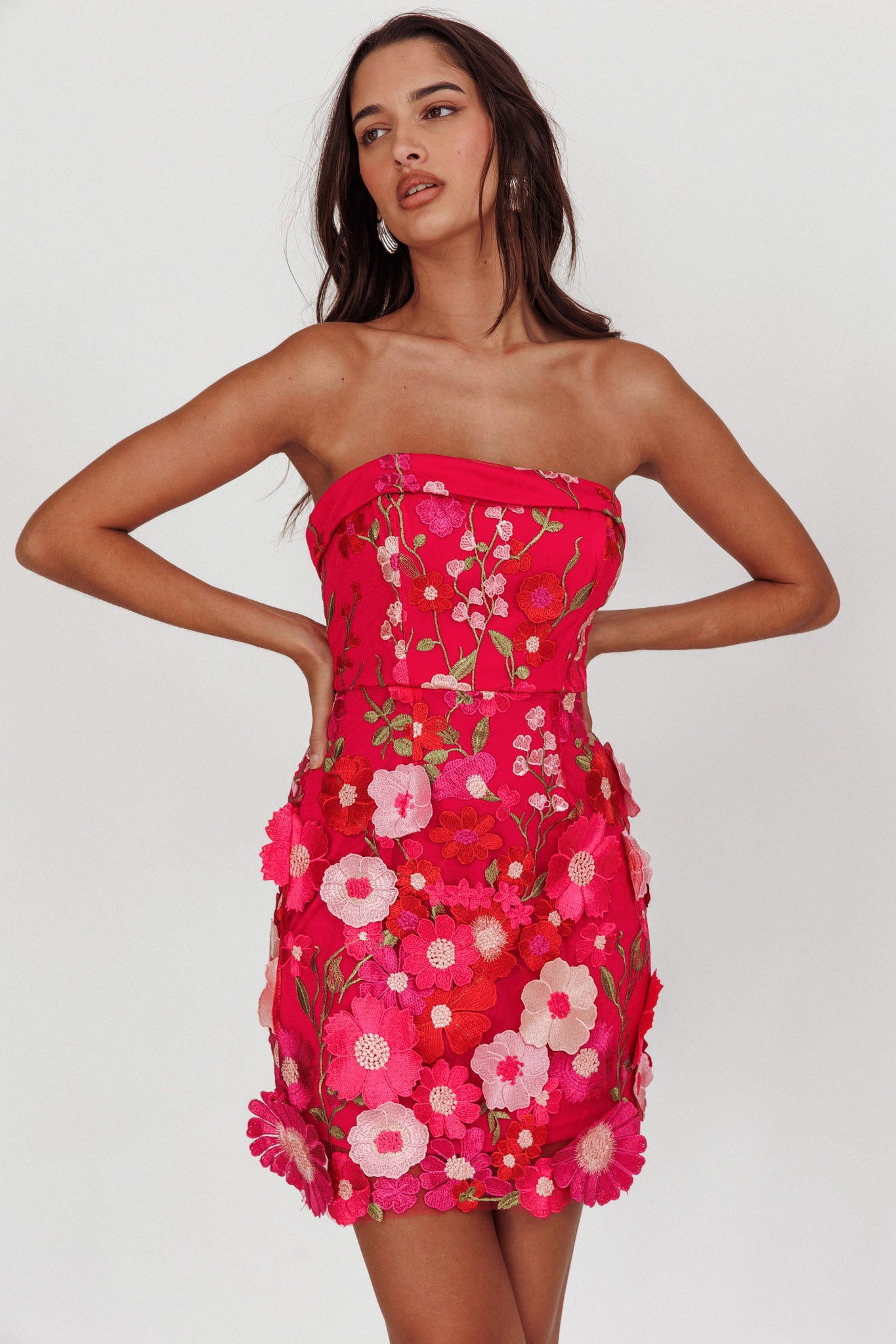 Flora Day Strapless Floral Embellished Mini Dress Fuchsia-Maymioy