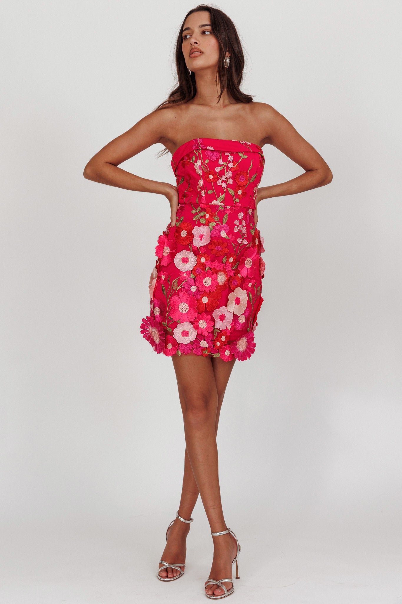 Flora Day Strapless Floral Embellished Mini Dress Fuchsia-Maymioy