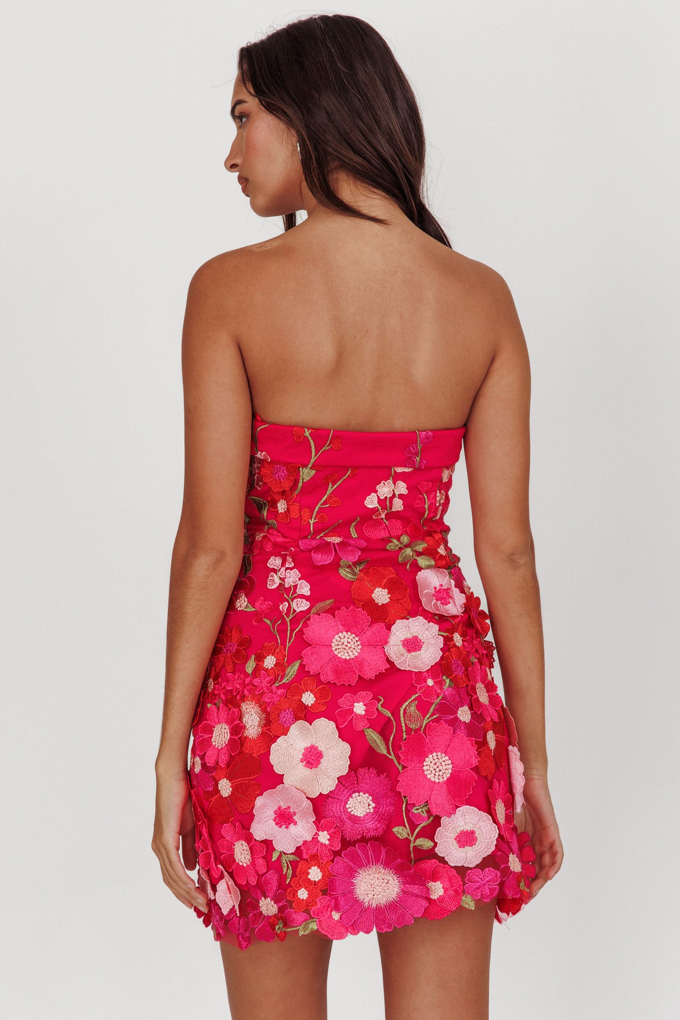 Flora Day Strapless Floral Embellished Mini Dress Fuchsia-Maymioy